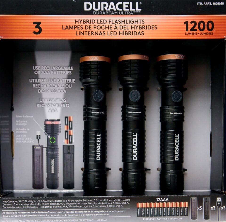 DURACELL Durabeam Ultra Hybrid LED Flashlights, 1200 Lumens, Set of 3, with Rechargeable and AAA Alkaline Batteries