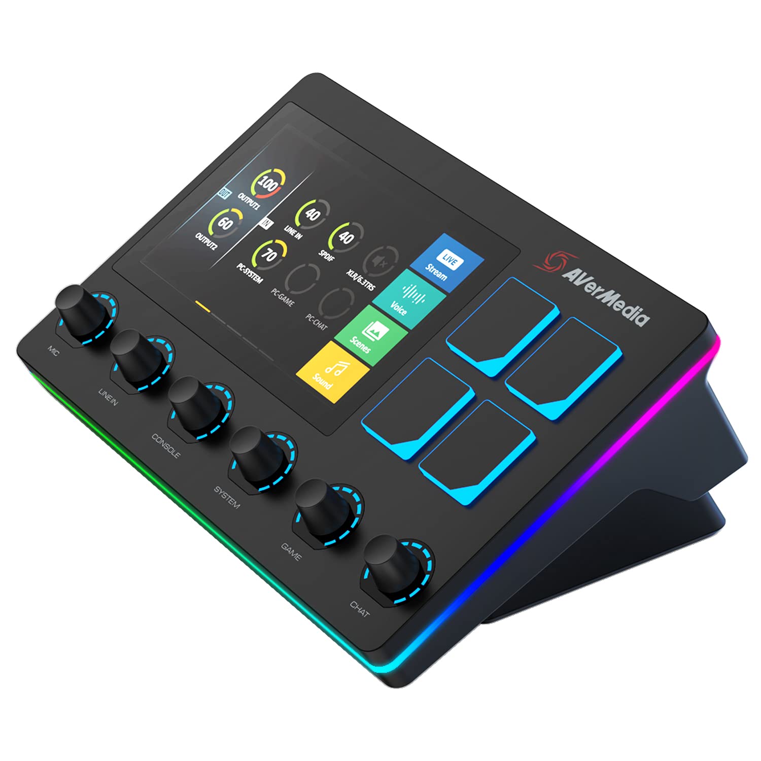 AverMedia Live Streamer AX310-6-Spuren Audio Mixer mit IPS-Touchscreen zur Interaktion sowie Aktionen für OBS Studio, Streamlabs OBS, Spotify