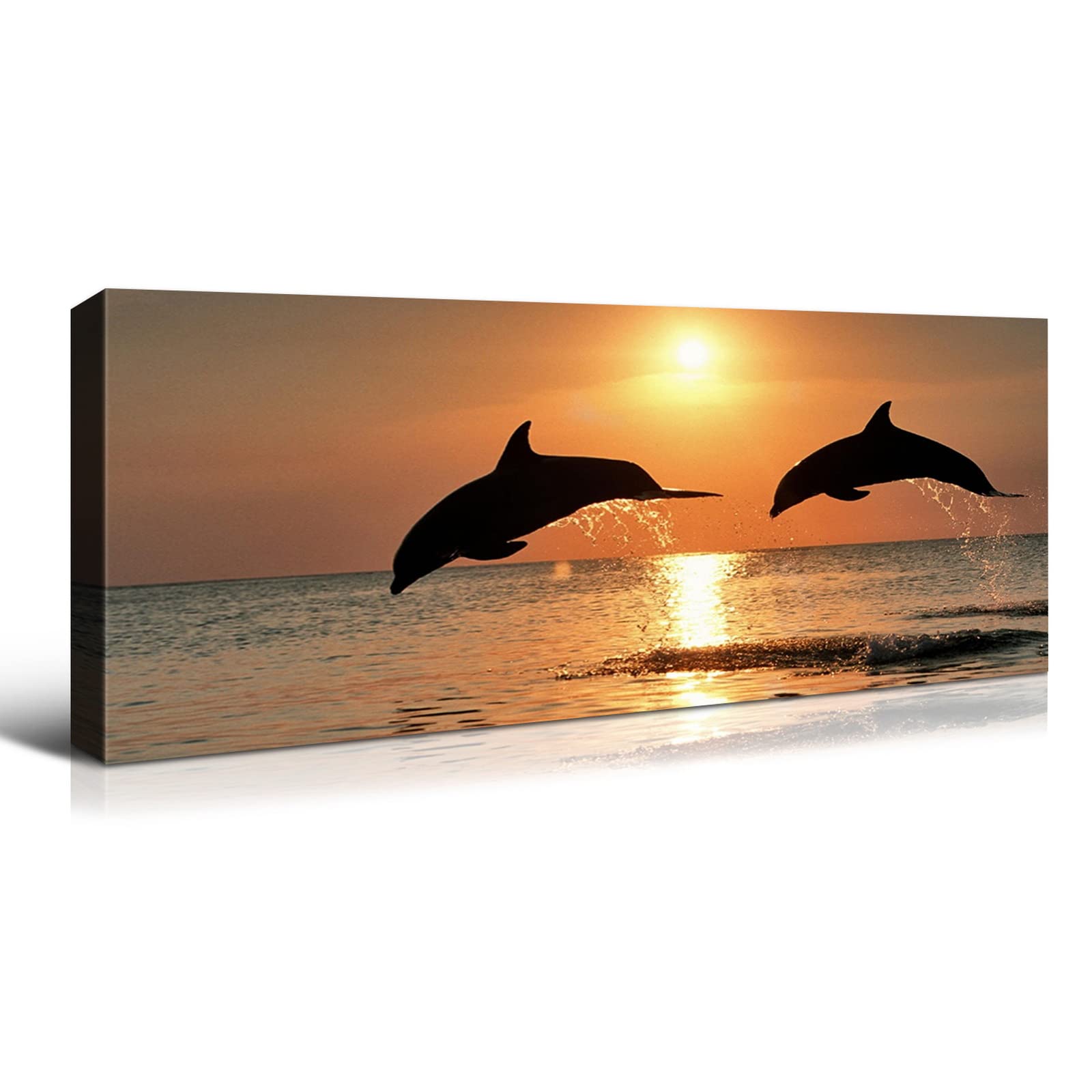 YONICA Wall Canvas Animal Painting, Wall Painting Art Decor Prints Picture of Dolphins Jumping Out of Water Framed Stretched Printed on Canvas for Home Living Room Bedroom Office 16 X 32 Inches