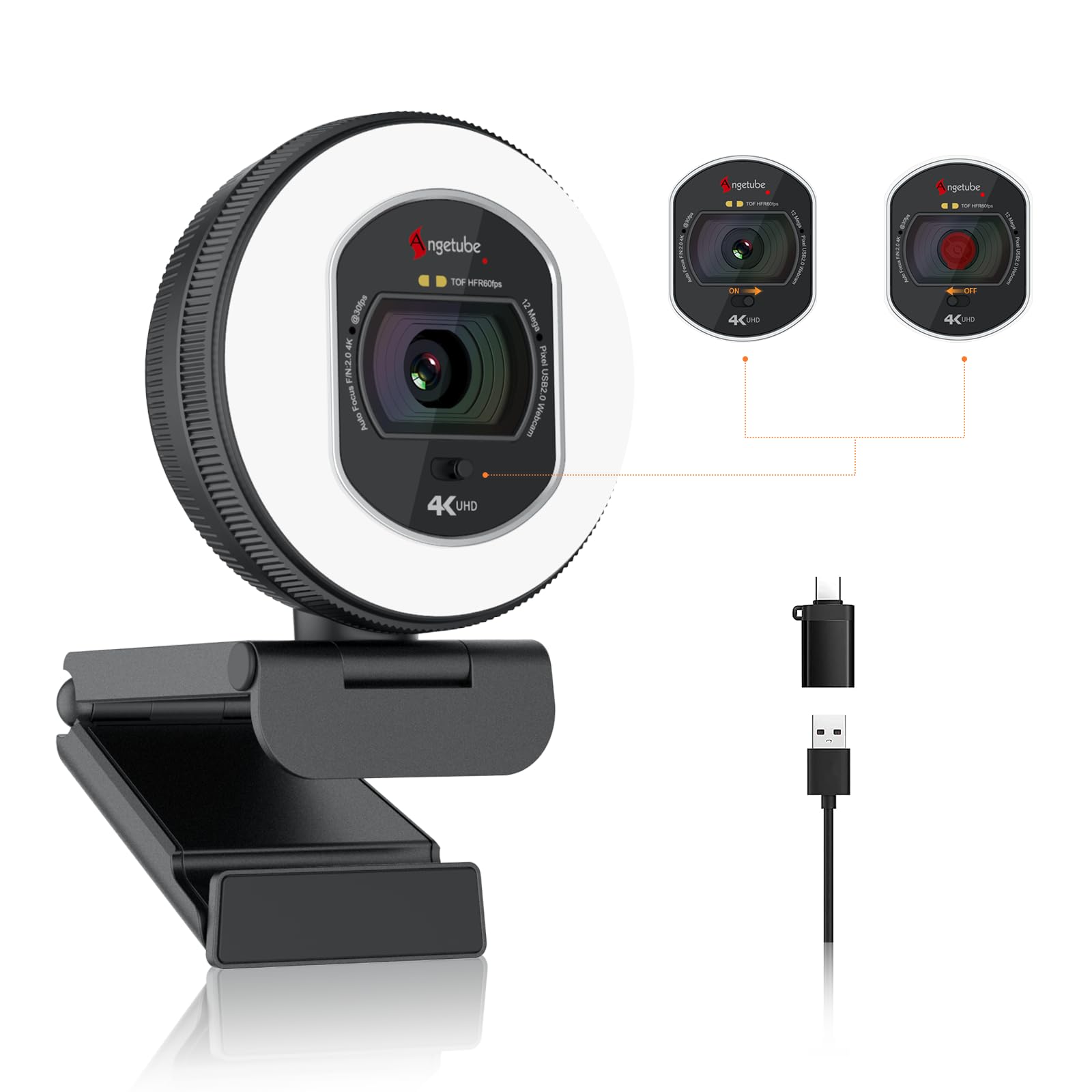 Angetube 4K Webcam with Light for PC: UHD 4K, TOF Auto Focus, Dual AI Noise-Cancelling Mics, 1080p@60FPS, USB Streaming Webcam w/Privacy Cover for Laptop/Mac/Desktop/PC Work w/Zoom/Teams/Google Meet