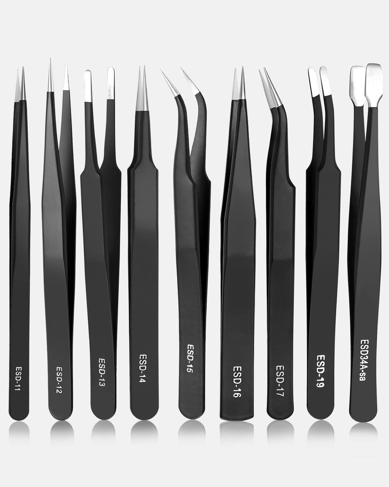 Vastar Precision ESD Tweezer Kit, Anti-Static Non-magnetic Tweezers, ESD-11/ ESD-12/ ESD-14/ ESD-16 Pointed Tip, ESD-13 Rounded Tip, ESD-15 / ESD-17/ ESD-19 Curved Tip, ESD-34A-sa Flat Tip