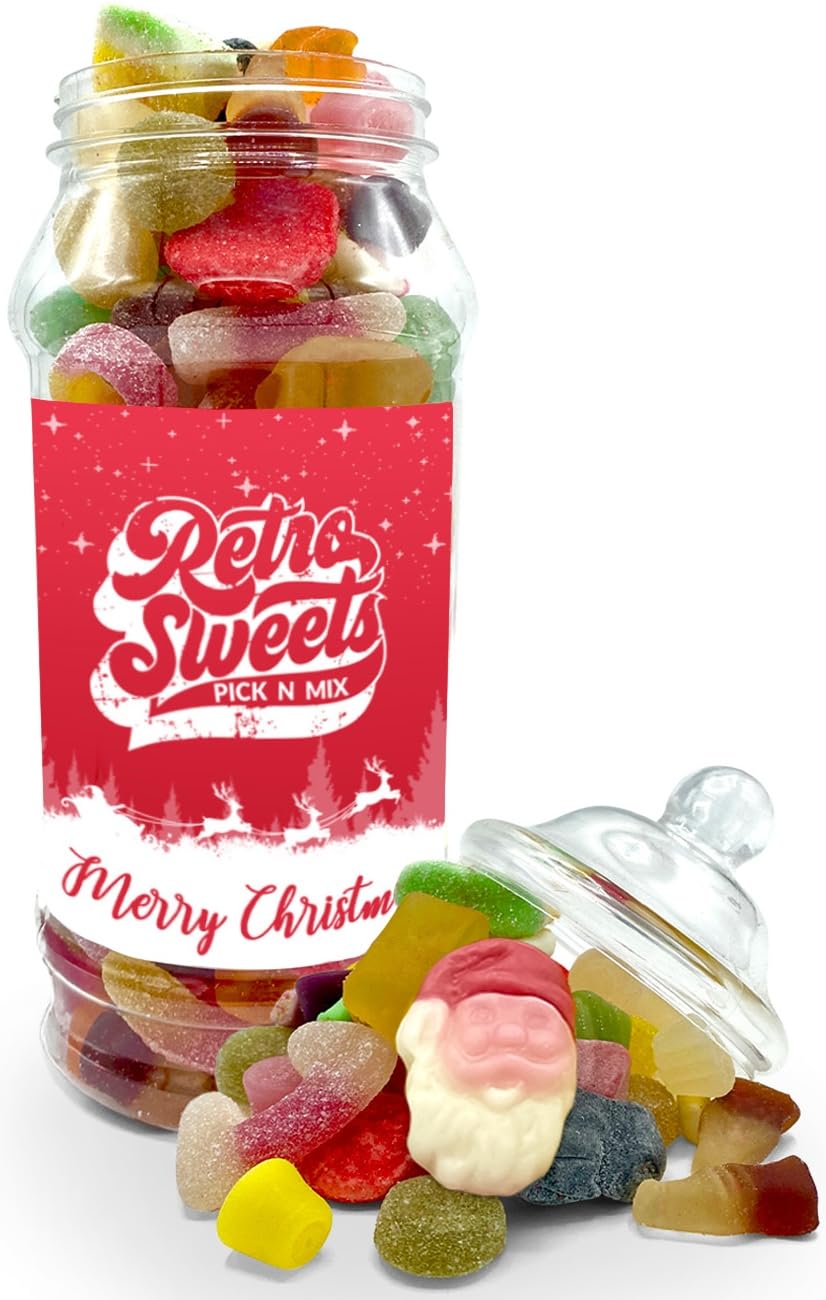 Retro Sweets Pick N Mix - Christmas Sweet Jar Large, Secret Santa Candy Sweeties Gift, Gummy Jelly Fizzy Chewy PicknMix Stocking Filler Present, Pick & Mix Tree Presents