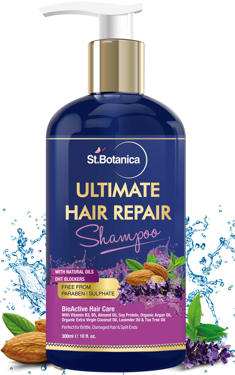 StBotanica Ultimate Hair Repair Shampoo, 300ml - No SLS/Sulphate, Paraben or Silicon - With Vitamin B3, B5, Organic Argan Oil, Almond Oil, Saw Palmetto, Coconut Oil.