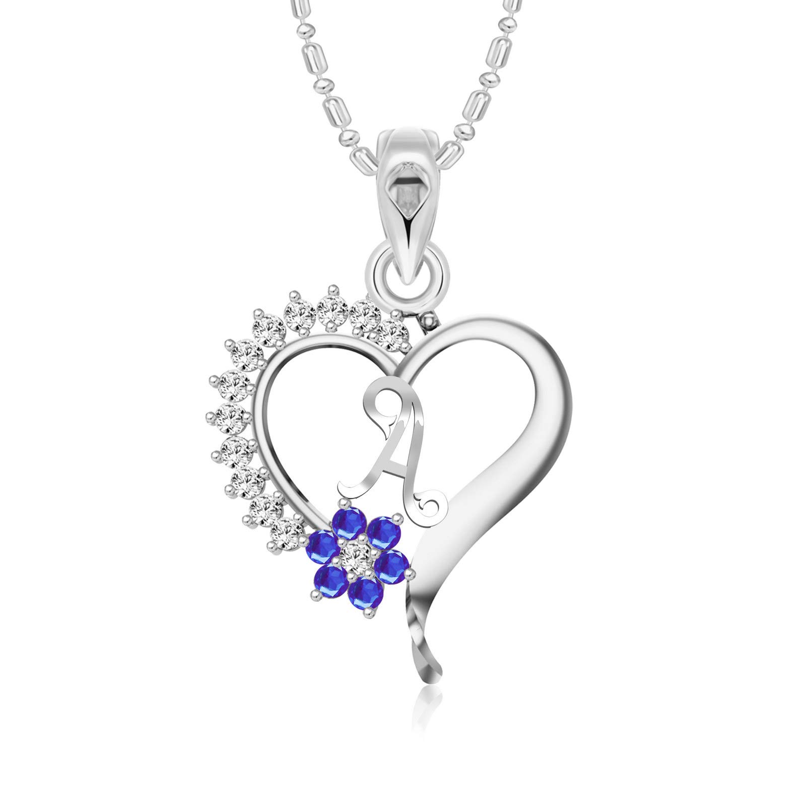 Valentine gift's Blue Flower Heart Initial LetterA Alphabet CZ Rhodium Plated Alloy Pendant for Women and Girls-[VFJ1248PR]