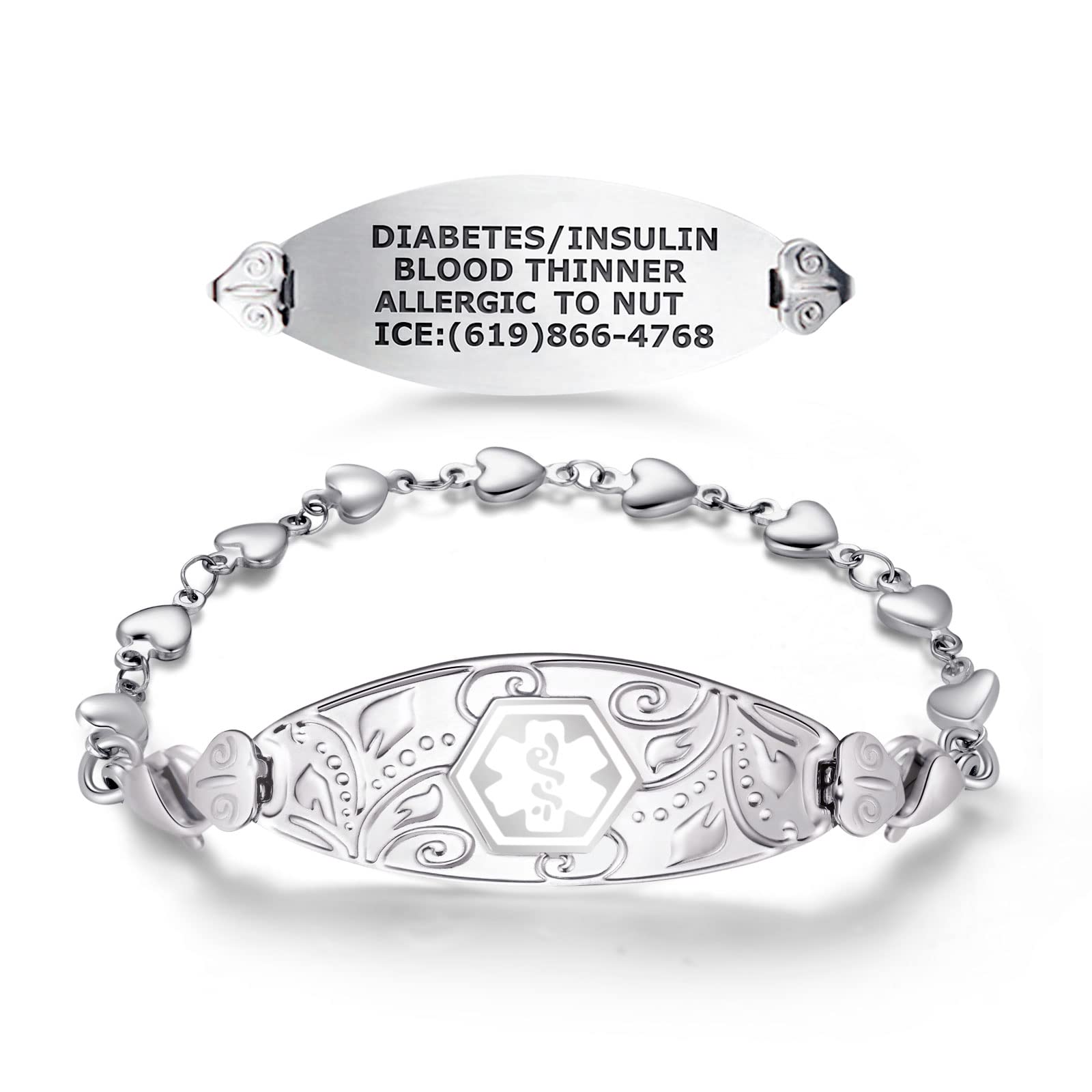 DivotiCustom Engraved Filigree Medical Alert ID Bracelets for Women, w/Heart Link – Color/Size