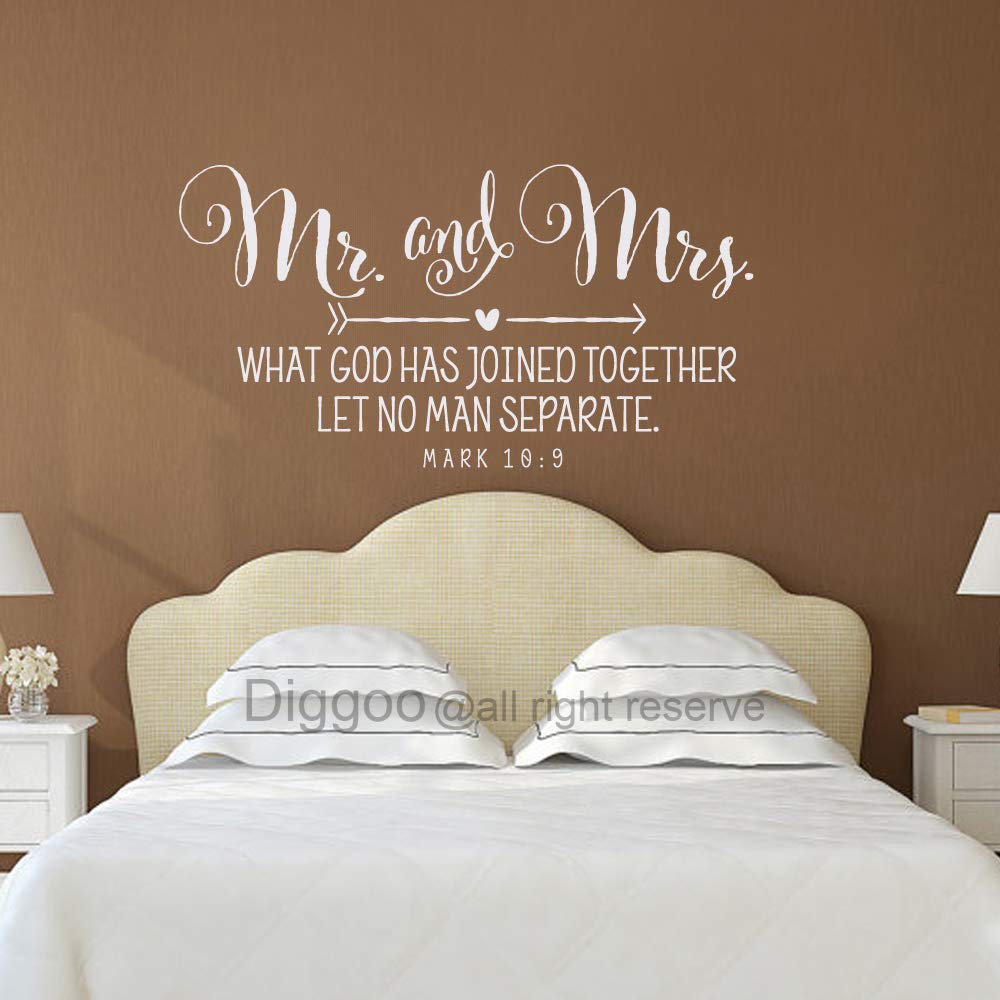 Diggoo Mr.and Mrs. What God has Joined Together Mark 10 9 Vinyl Wall Decal Bedroom Wall Decor Sticker Scripture Verse Christian Quote (White,16" h x 30" w)