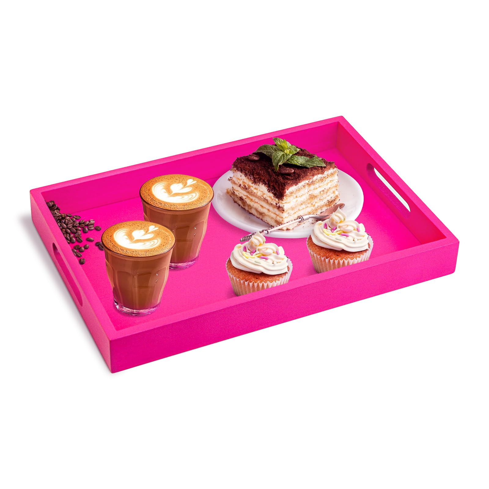 ORDEBOLL Wooden Serving Tray for Breakfast,Dinner, Drinks,Snacks,Serving Tray with Handles Great for Eating, Working and Storing,Serving Tray Used in Bedroom,Living Room and Bathroom (Hot Pink)