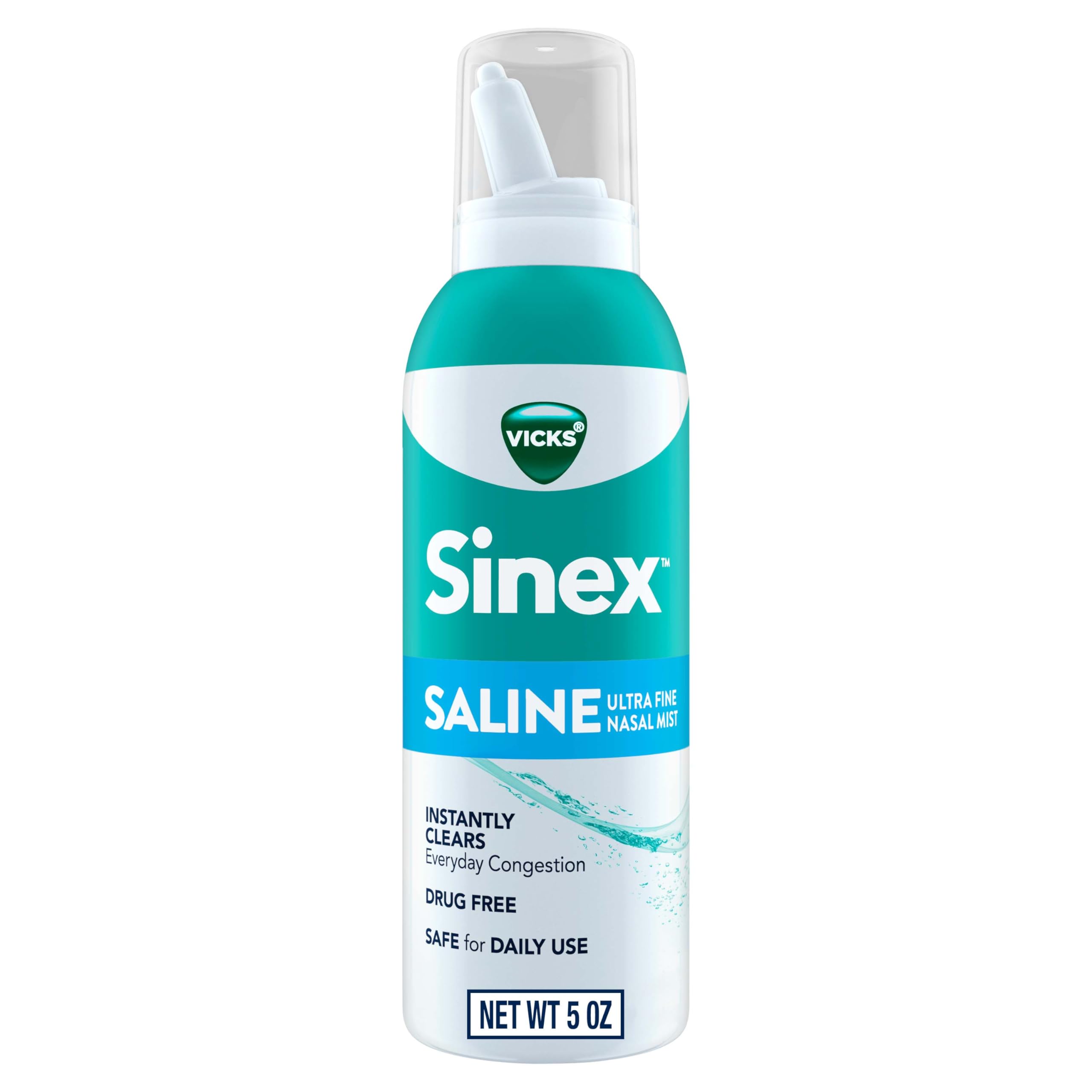 Vicks Sinex Saline Nasal Spray, Drug Free Ultra Fine Mist, Clear Everyday Sinus Congestion Fast, Clear Mucus from a Cold or Allergy, Daily Use 5.0 fl oz