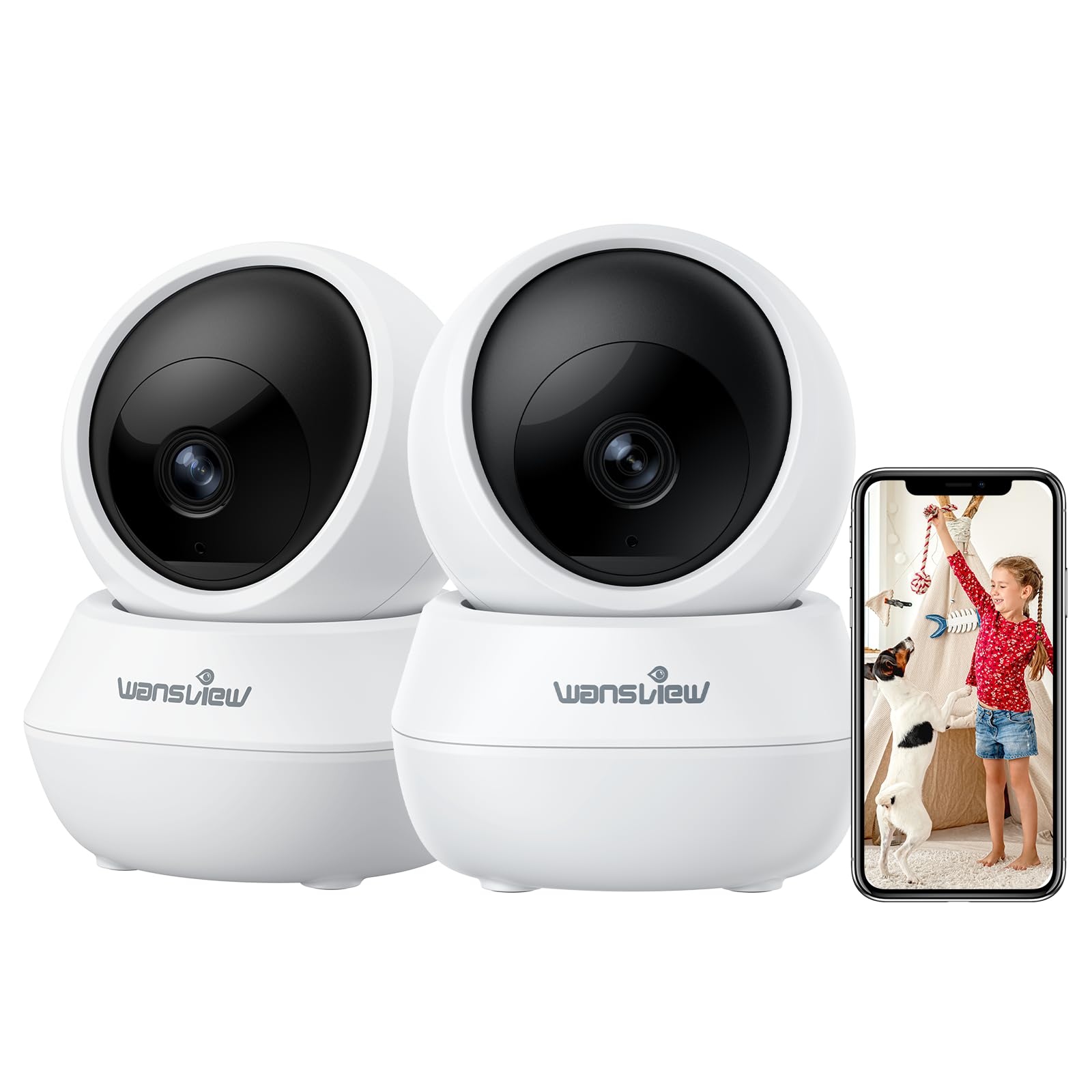 wansview2K Home Security Cameras Indoor-2.4G WiFi Security Camera Indoor for Pets & Baby with Phone app, 2-Way Audio, PTZ, Motion Detection, SD Card/Cloud Storage, Works with Alexa (2 Pack)