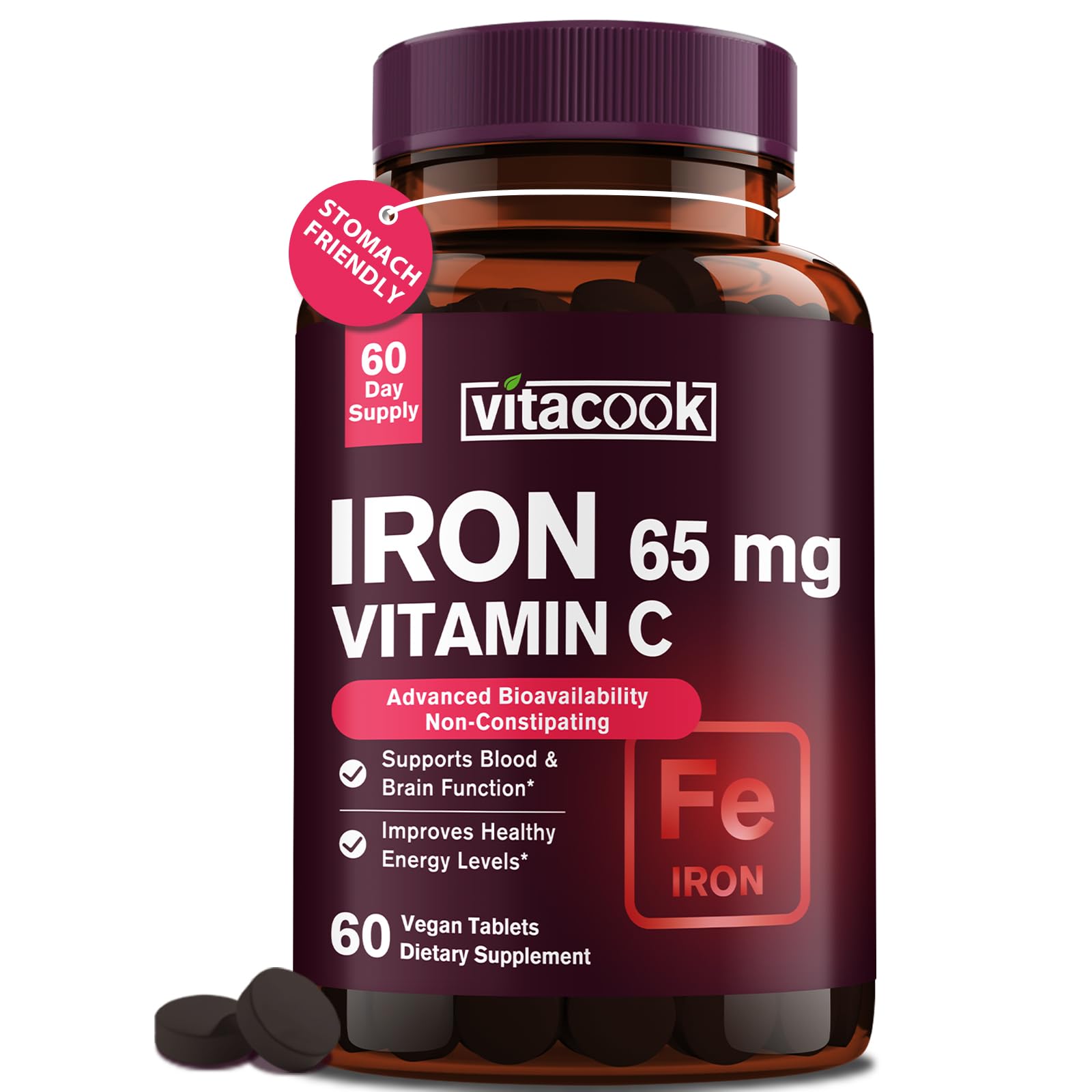 Iron Supplement for Women Men, High Potency Iron 65mg with Vitamin C 250mg, Slow Release Stomach Friendly Iron Pills for Red Blood Cell & Immune Support, Non-GMO, Gluten Free, 60 Vegan Tabs