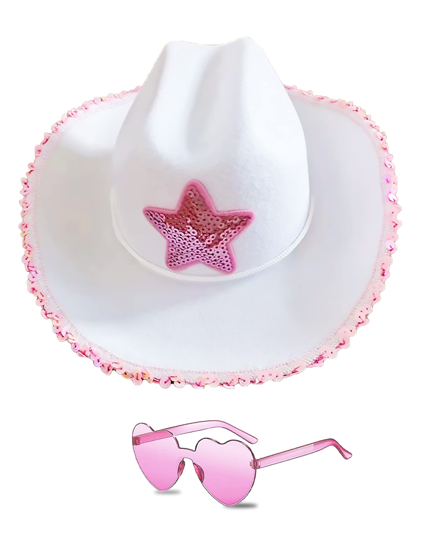 db11 Cowboy Hat Cowgirl Hat with Sequins Rodeo Party Hats with Heart Glasses (White, Pink)