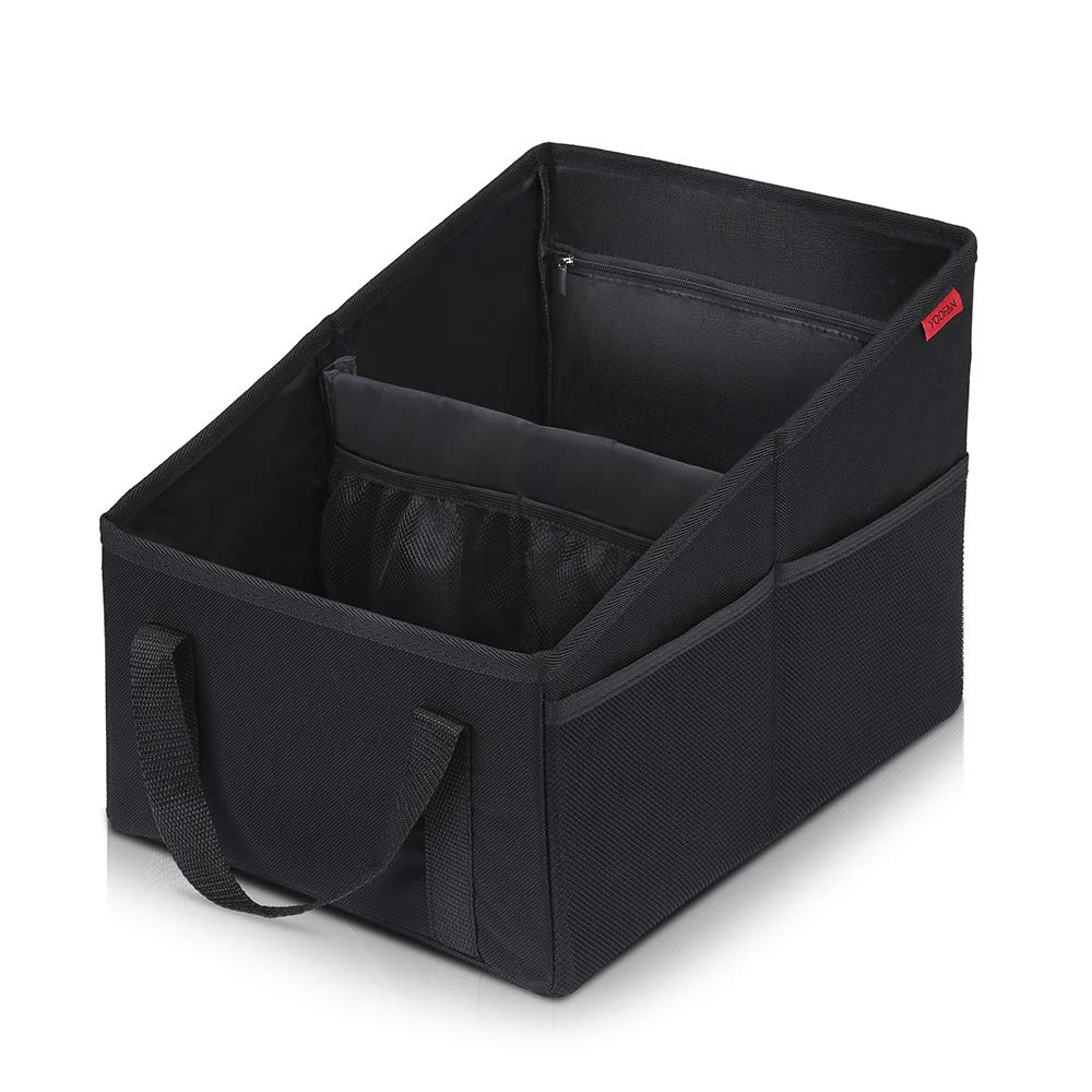 YOOFAN Car Seat Organizer - Passenger Seat Organizer, Collapsible Small Car Seat Storage Organizer for Console Front/Back, Automotive Backseat Organizer with Belt 4 Cup Holders for Kids Accessories