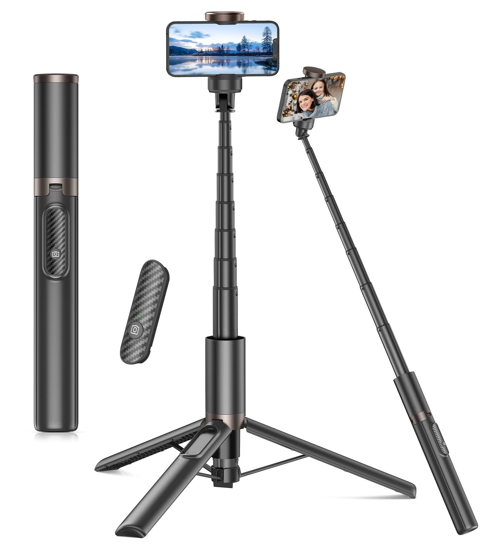 TONEOF 60" Selfie Stick Tripod,Upgraded 360° Rotating Mobile Phone Tripod Stand, Extendable All-in-1 Aluminum Tripod with Wireless Remote for Selfies/Live/Video Recording/Travel-Black Gold