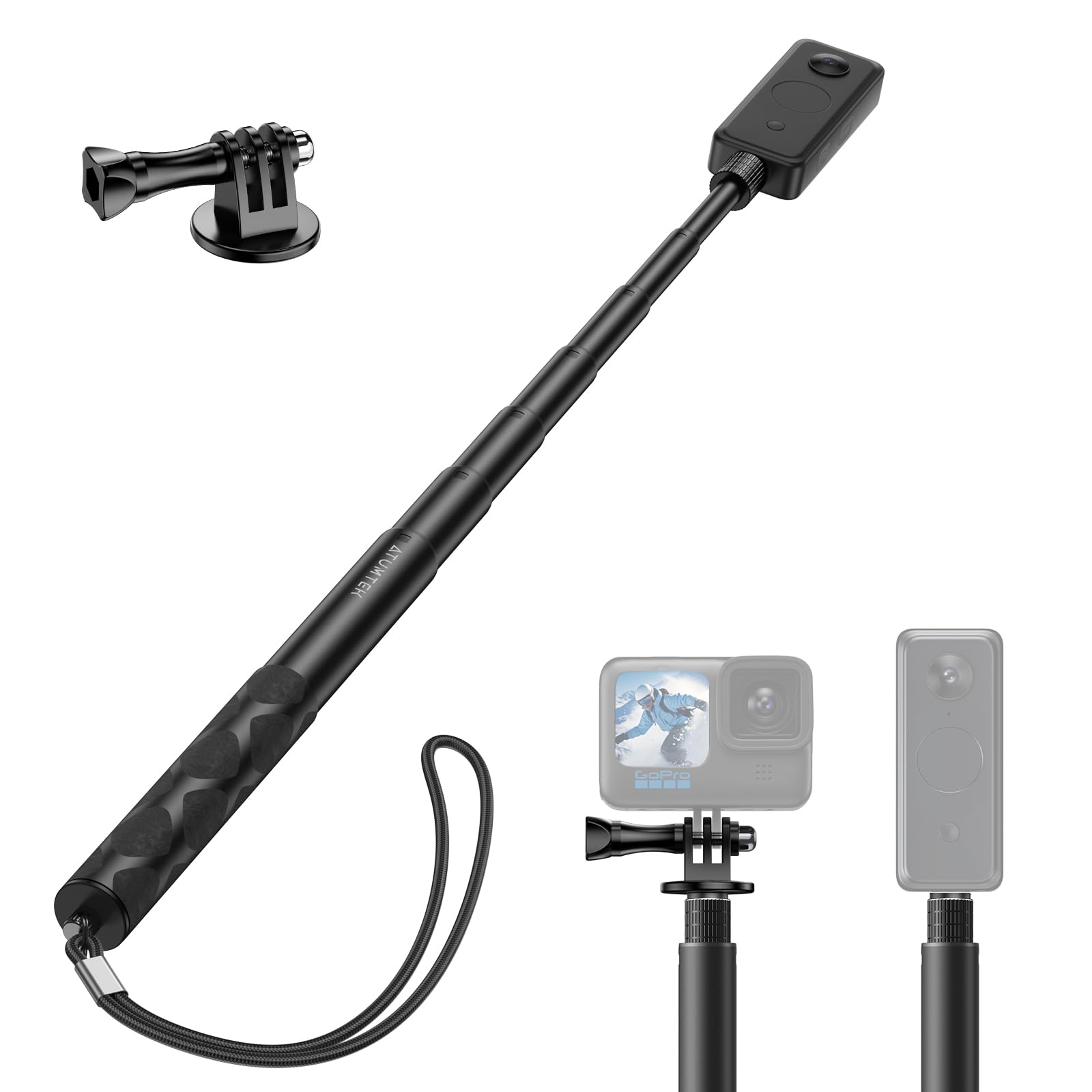 ATUMTEK130cm Invisible Selfie Stick Compatible with Action Camera X3, One X/X2, One R/RS, GO2, Hero 12/11/10/9/8/7, Osmo Action, Outdoor Activities Selfie Stick, Adapter Included