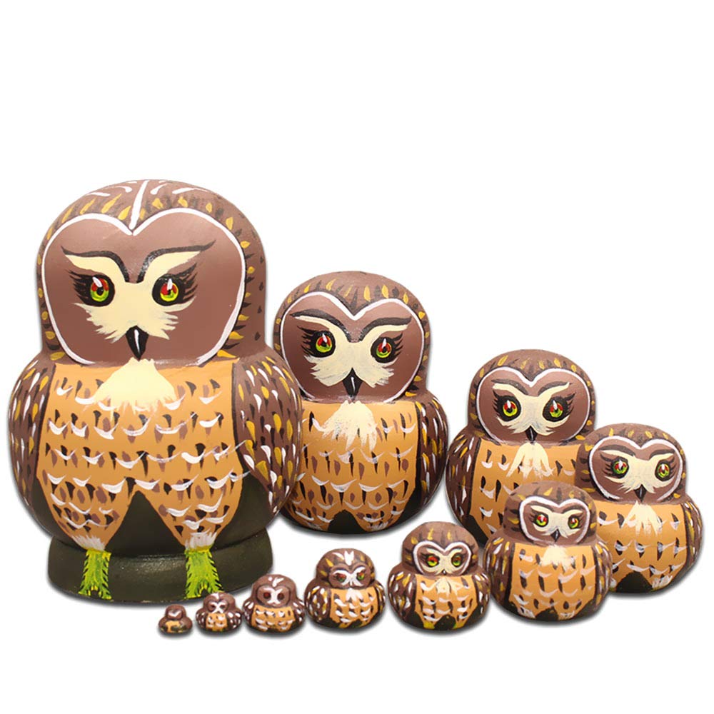 Moonmo 10pcs Brown Owl Handmade Wooden Russian Nesting Dolls Matryoshka Dolls Set