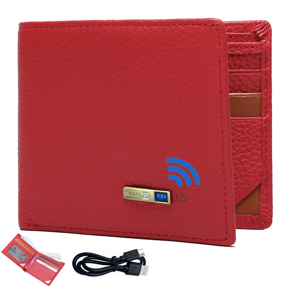 Smart Anti-Lost Bluetooth Tracker mens wallet , Position Record (Via Phone GPS), Bifold Genuine Leather Men's Wallets, Red, Casual