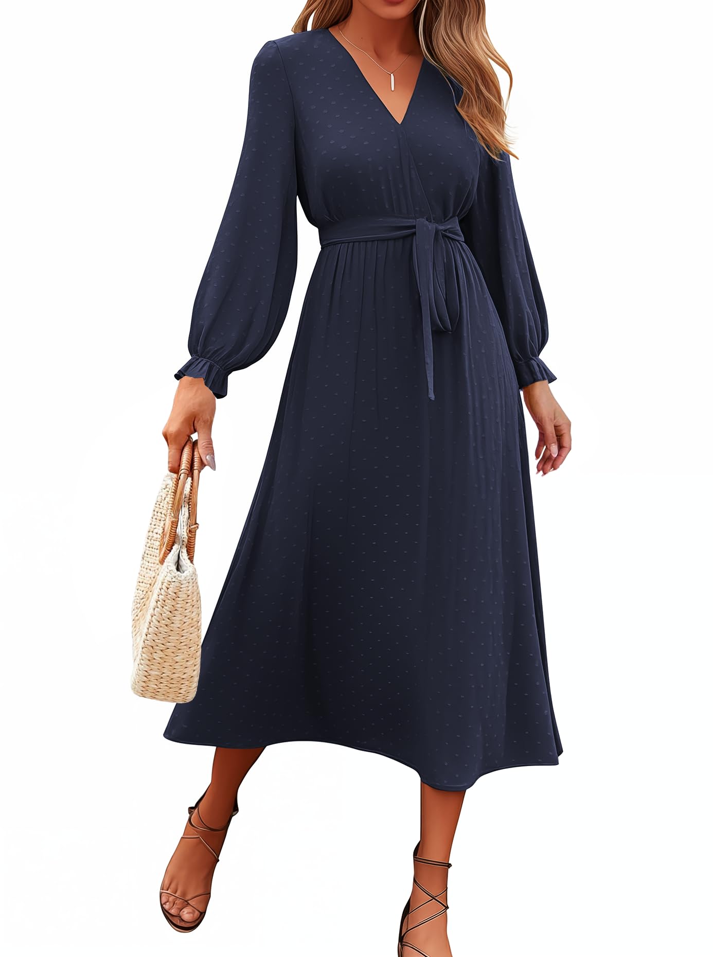 Women Spring Dresses 2024 Long Sleeve V Neck Swiss Dots Midi Dress Boho Long Dress High Waisted A-Line Flowy Dress