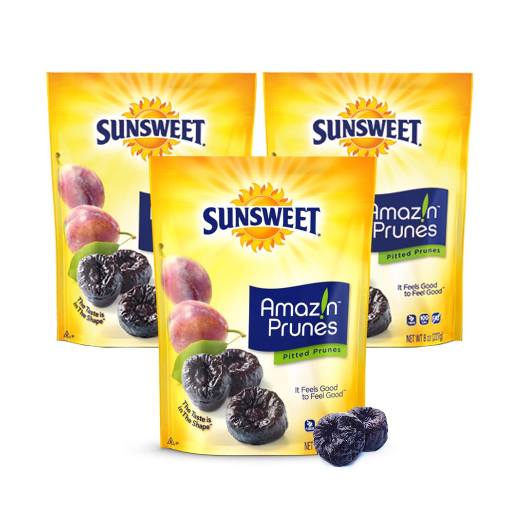 SunsweetAmazin' Pitted Prunes - Dried Prunes Pitted Unsweetened - Gluten Free, Vegan, Low Fat - Fiber & Minerals - 8 oz Pouches x 3 Pack