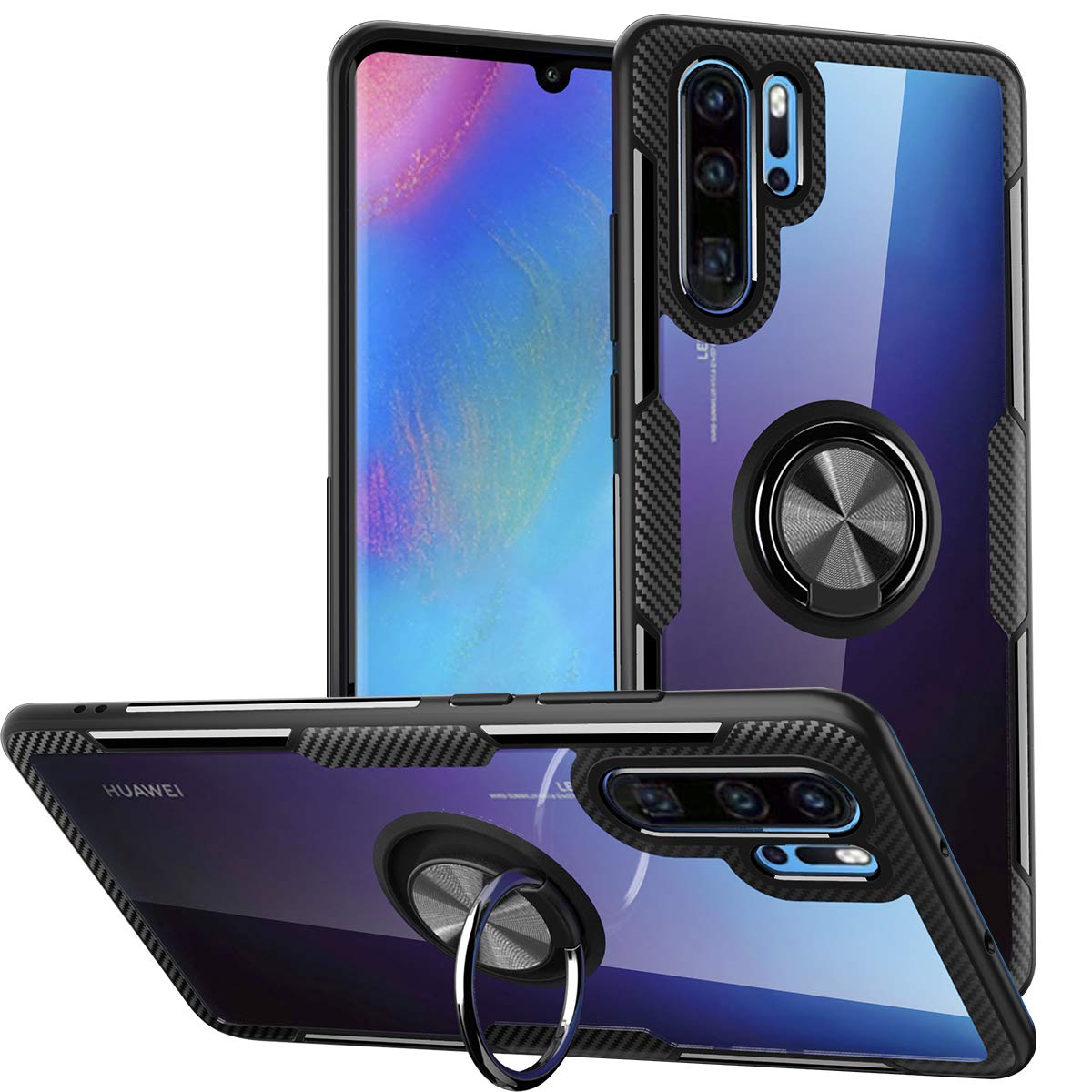 WATACHE Huawei P30 Pro Case, Clear Crystal Carbon Fiber Design Armor Protective Case with 360 Degree Rotating Finger Ring Grip Holder Stand [Magnetic Car Mount Feature] for Huawei P30 Pro (Black)