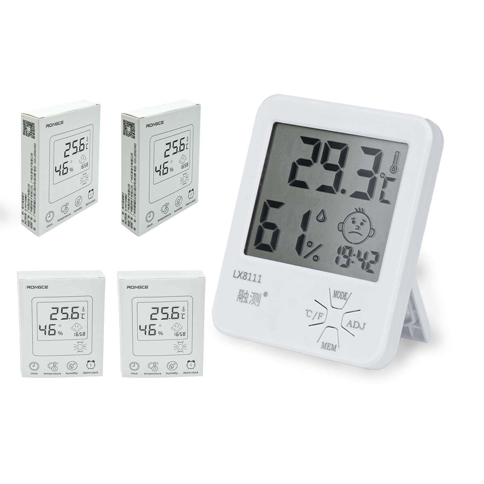 Locisne5 Sets Multifunctional Electronic Temperature and Humidity Meter, Adjustable Alarm Clock, Large LCD Screen with Time and Date Display, Ultra Precise Measurement, Multifunctional