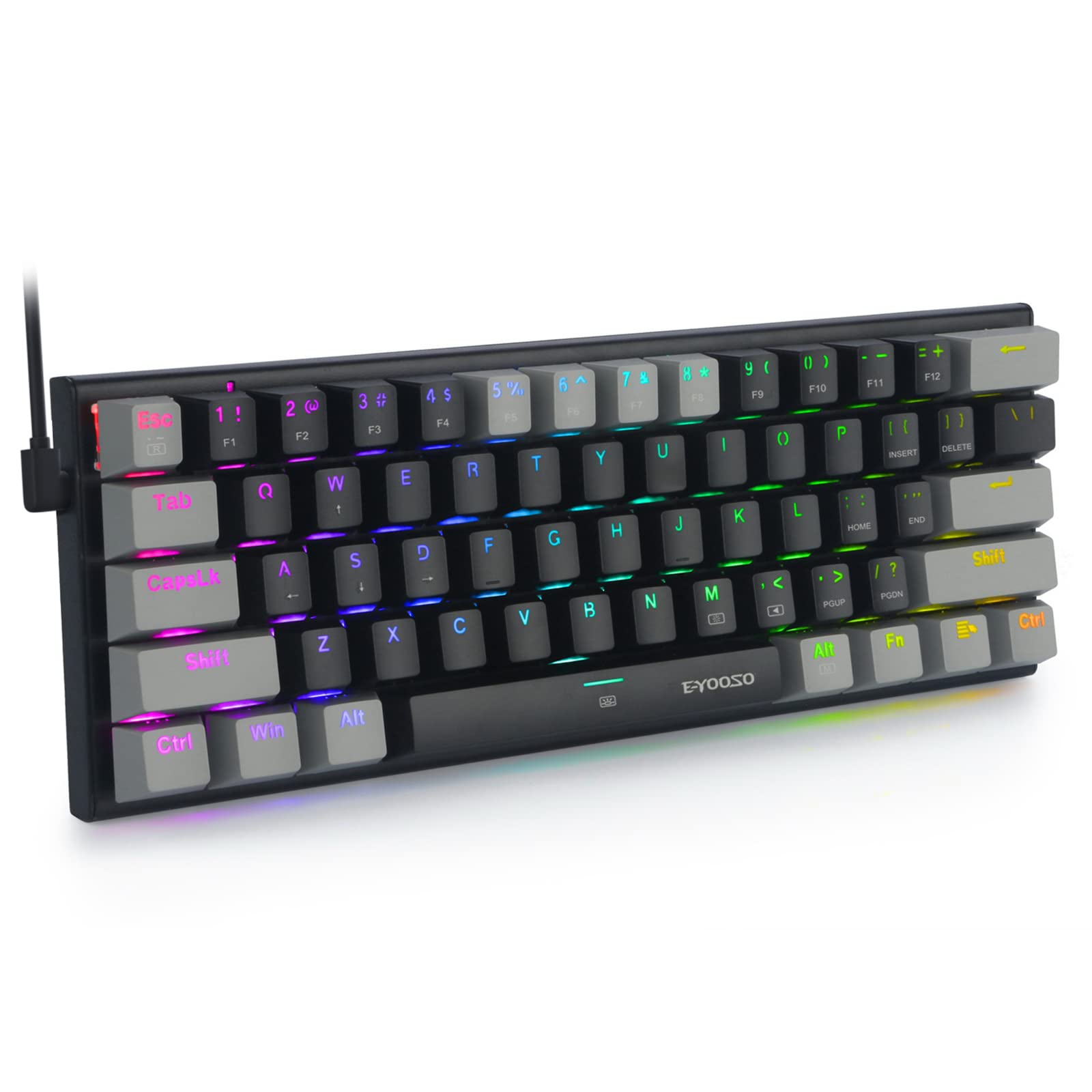 E-YOOSO 60% Mechanical Keyboard, 61 Key Ultra-Compact Gaming Keyboard Wired with RGB Backlit, 60 Percent Computer Keyboard for Windows, Mac OS (Black Grey, Blue Switch)