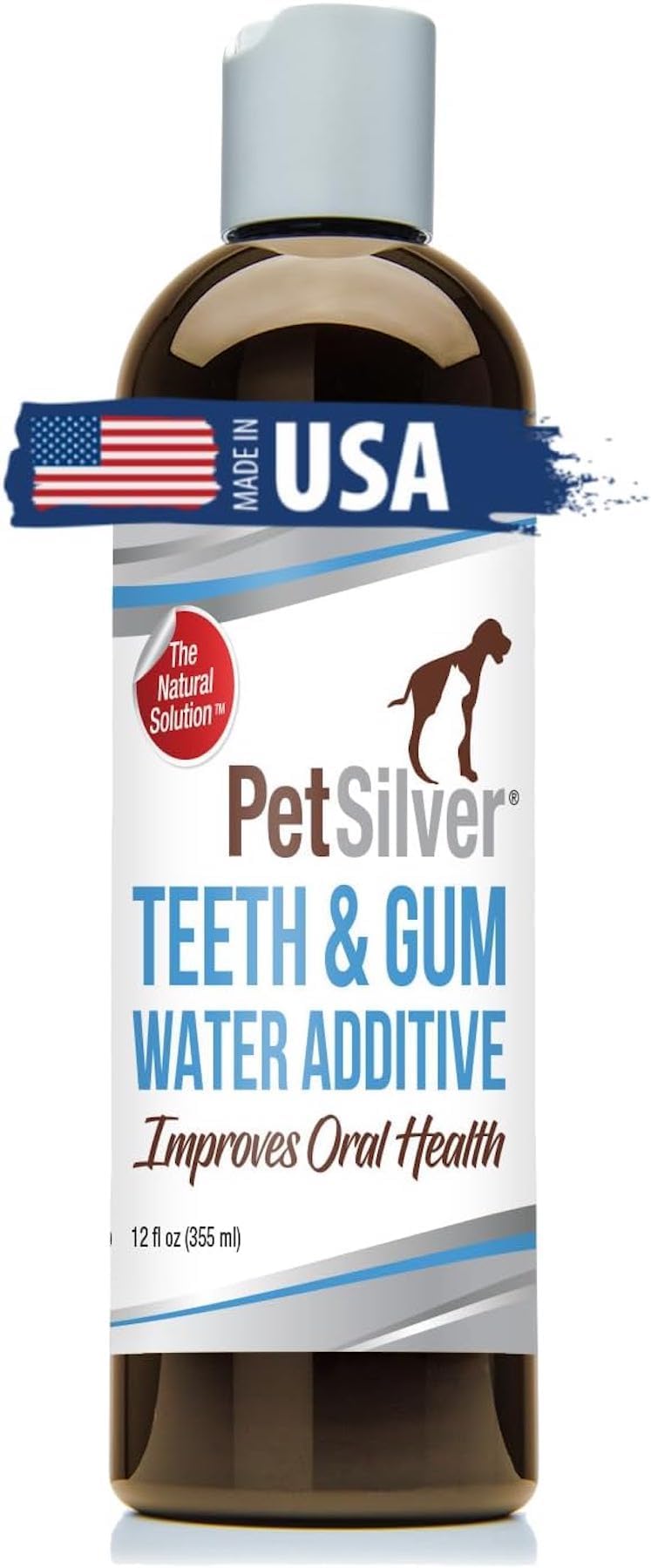 PetSilver Teeth & Gum Water Additive Dental Care for Pets with Patented Chelated Silver, Natural Dog Breath Freshener, Targets Tartar & Plaque, No Brushing, Cat and Dog Teeth Cleaning, 12 fl oz