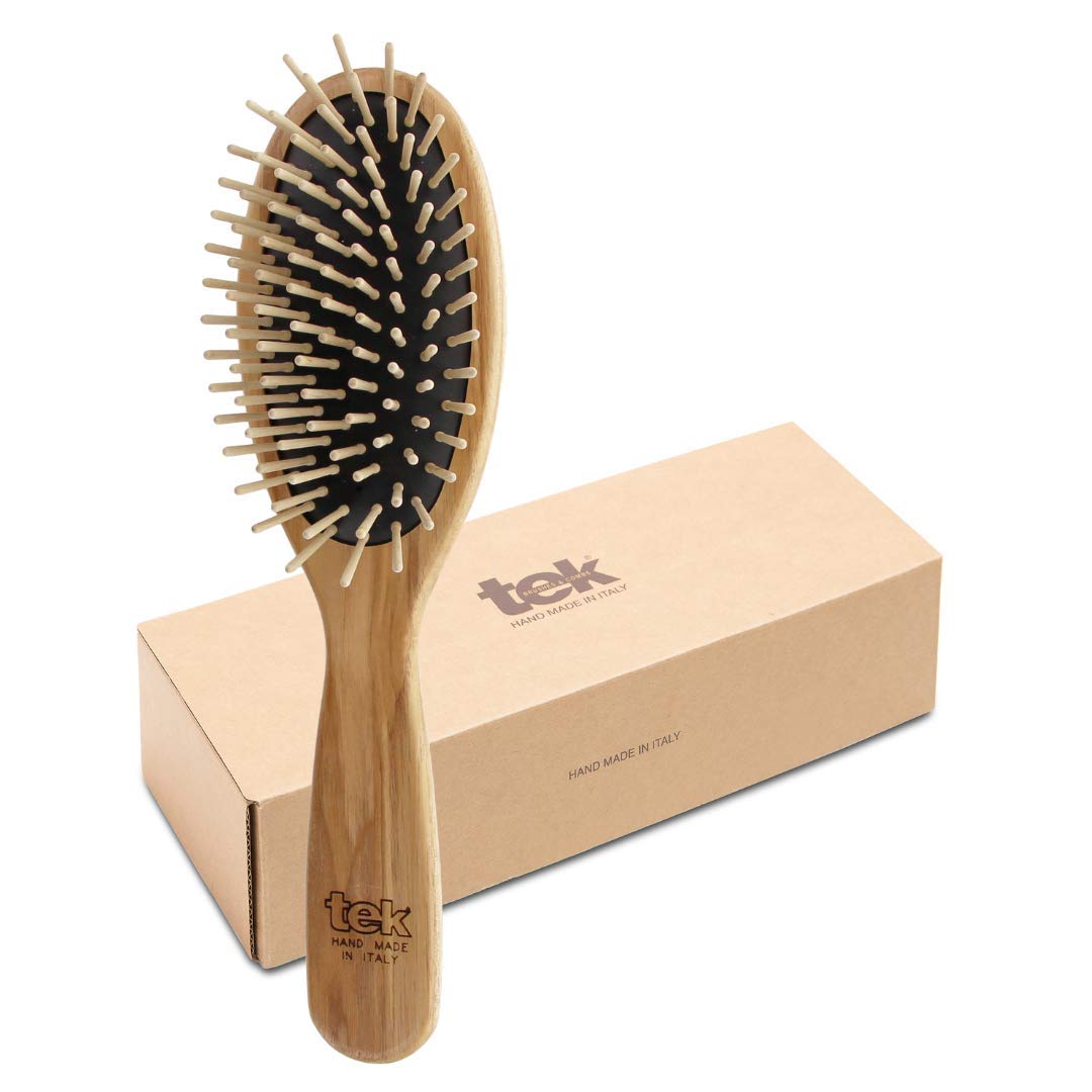 TEK - Large Oval Ash Wood Brush Handmade in Italy, with Short Tooth, Universal for All Hair Types - 22 x 6 cm