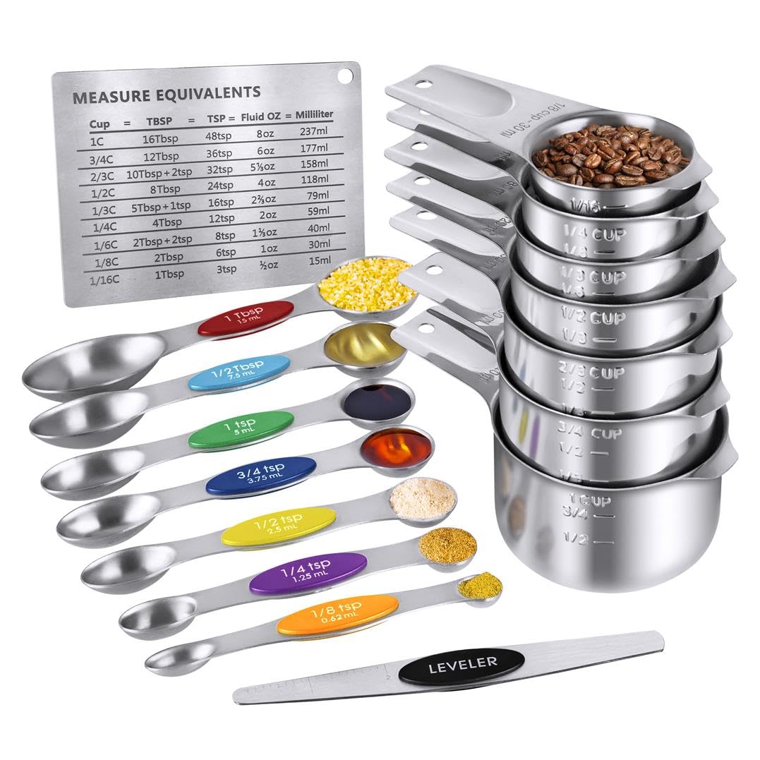 Measuring Cups and Measuring Spoons Set,QtoiKce Stainless Steel 7 Measure Cups and 7 Colorful Magnetic Measure Spoons,1 Leveler & 1 Conversion Chart for Dry and Liquid Ingredient