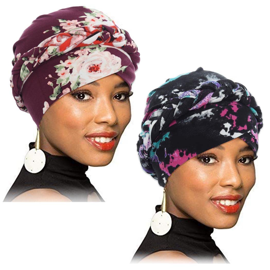 Woeoe Braid Beanie Cap Headwraps Tie Dye Floral Head Scarf Stretch Pre-Tied Breathable Head Turbans(Pack of 2)