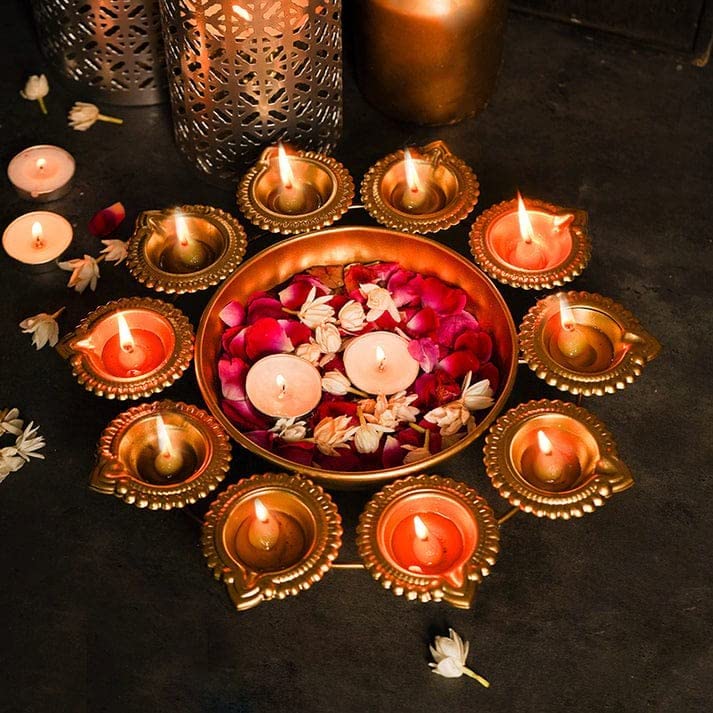 Next In Crafts Diya Shape Flower Decorative Urli Bowl For Home Handcrafted Bowl For Floating Flowers And Tea Light Candles Home,Office And Table Decor| Diwali Decoration Items, Metal, Gold