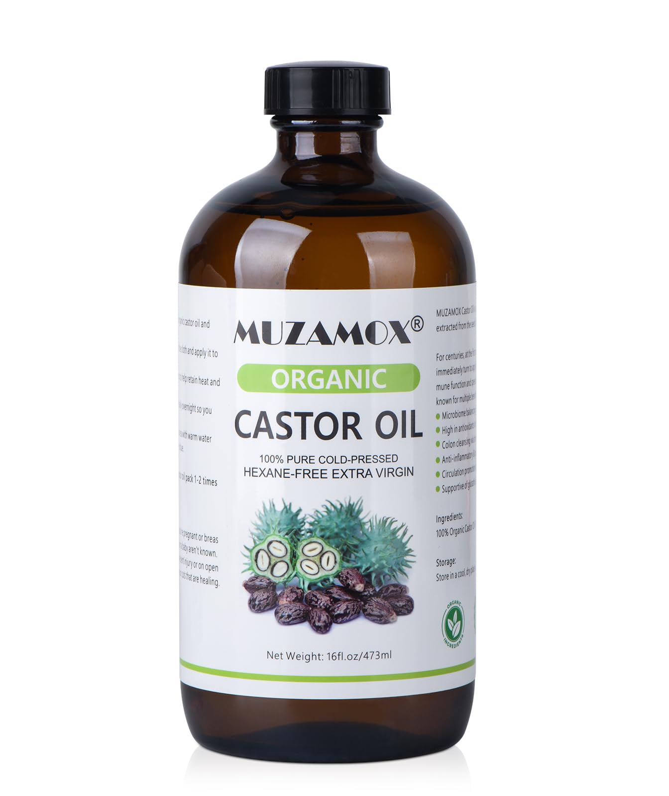 Organic Castor Oil Cold Pressed Glass Bottle, 100% Pure, Cold Pressed & Hexane Free, Castor Oil for Hair Growth & Care, Thicker Eyelashes & Eyebrows and Castor Oil Pack, 16 Fl Oz