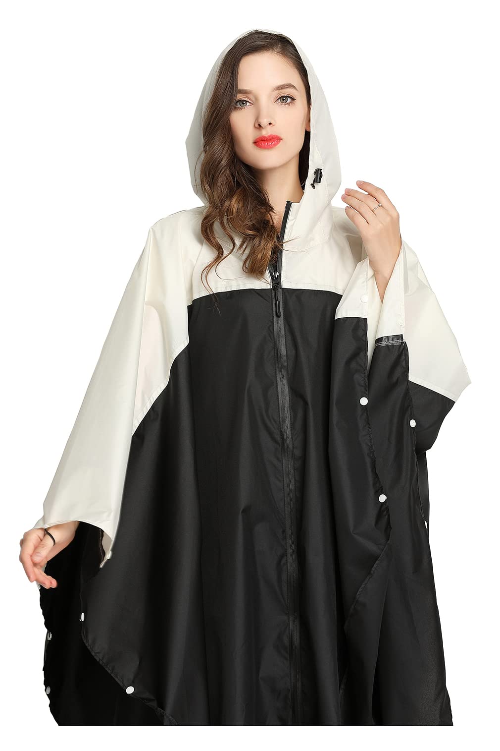 FreesmilyWomens Rain Poncho Stylish Polyester Waterproof Raincoat Free Size with Hood Zipper