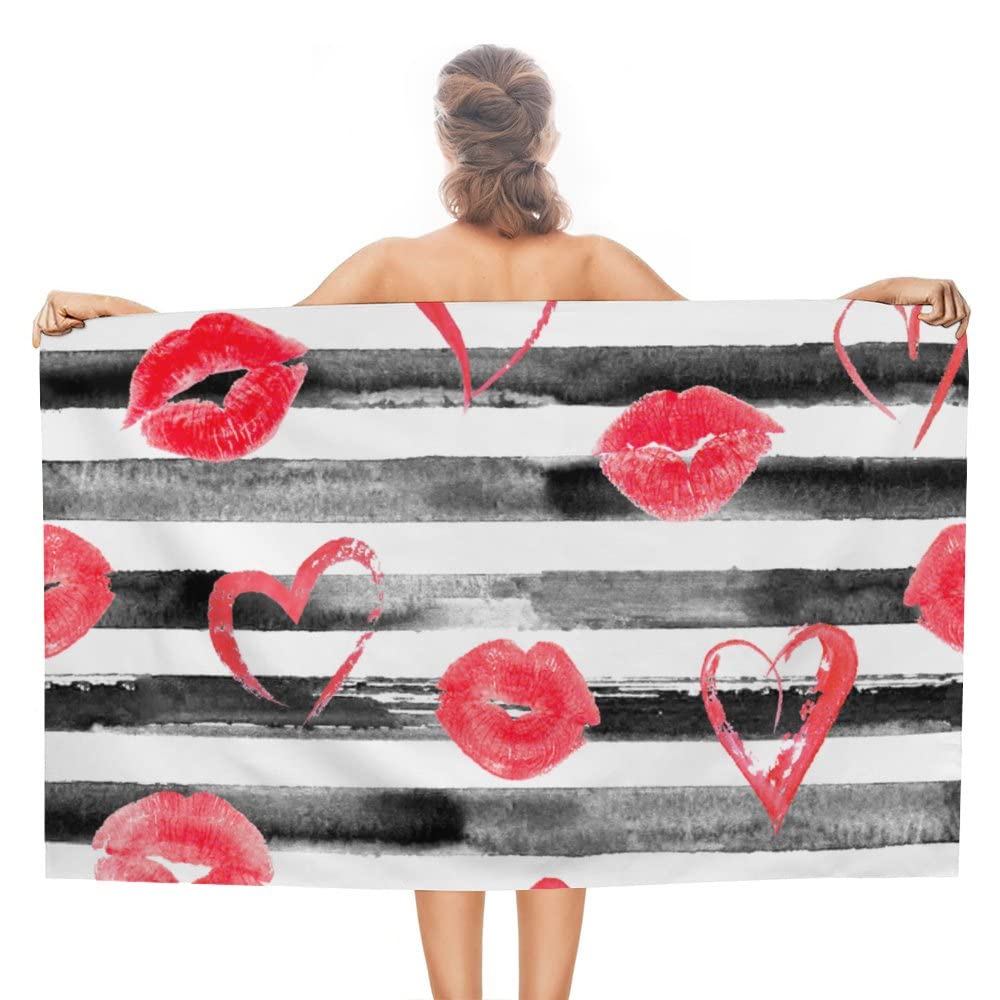 ZHIMIZHIMI Hand Bath Towel Red Hearts Lips Kisses. Beach Towels Bath Towel Large Microfiber Absorbent Sand Free Quick Dry for Bathroom Gym Camping Pool Women Man 31x51Inch