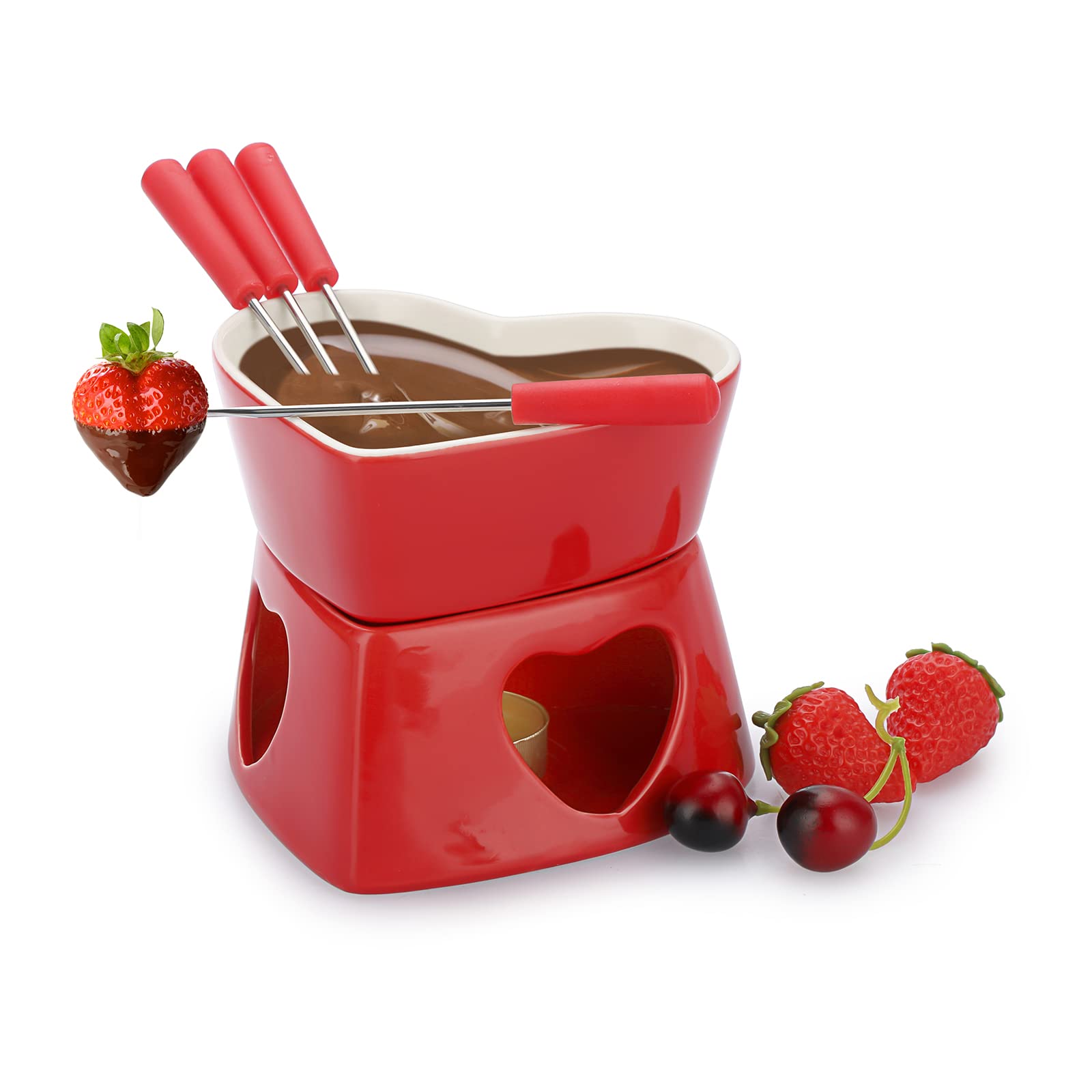 Red Ceramic Butter Warmer Set, Heart Shaped Fondue Pot Melting Pot Set, Melt Hot Pot Bowl Set for Cheese Chocolate Butter Caramel, with 4 Forks