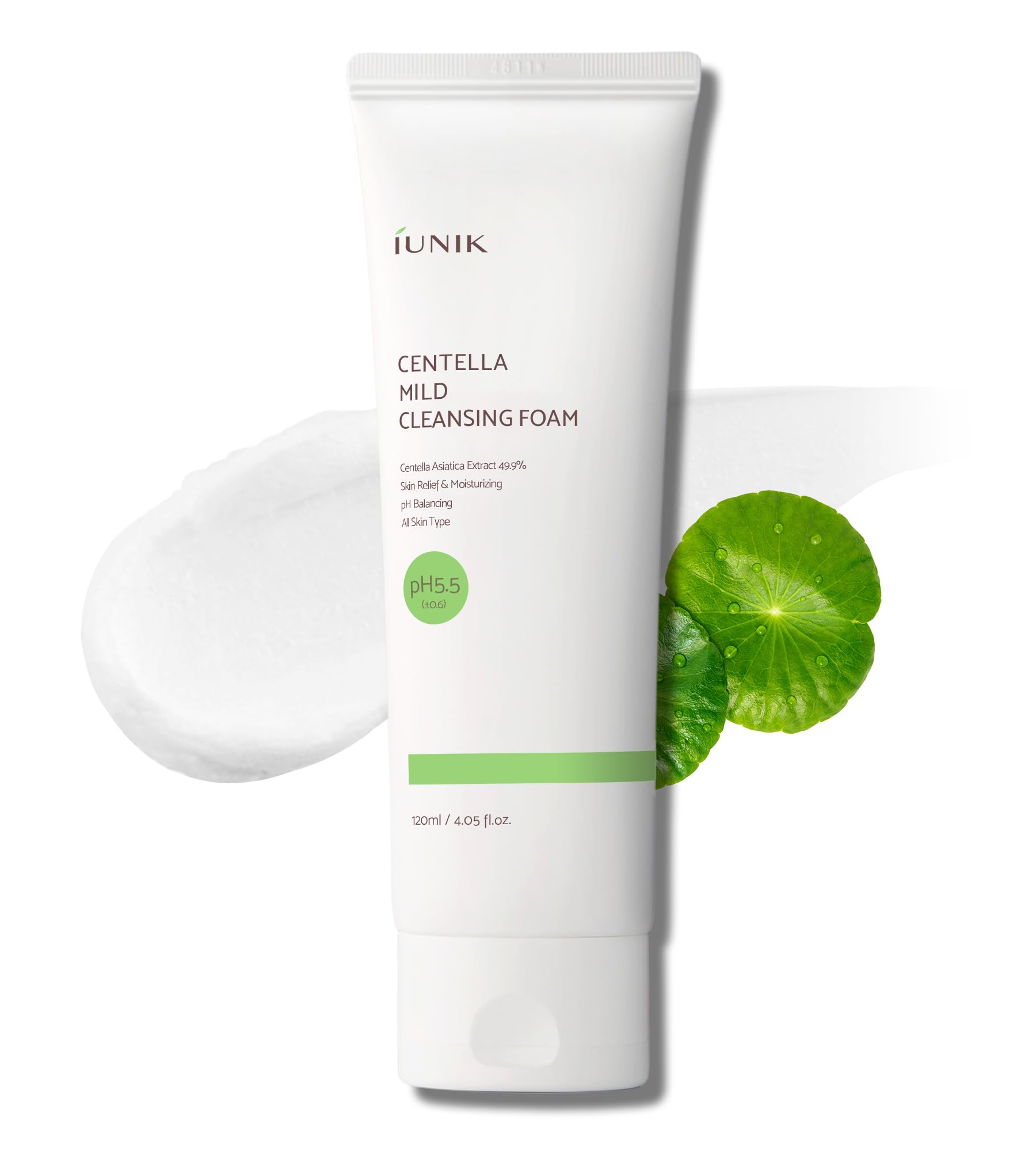 IUNIK Centella Mild Foaming Facial Cleanser Sub-acid 4 Fl. Oz. 49% Centella Asiatica Extract/Skin Relief Moisturizing pH Balancing Rich Foam without Dryness Oily Dry Senstivie Acne-prone skin Vegan