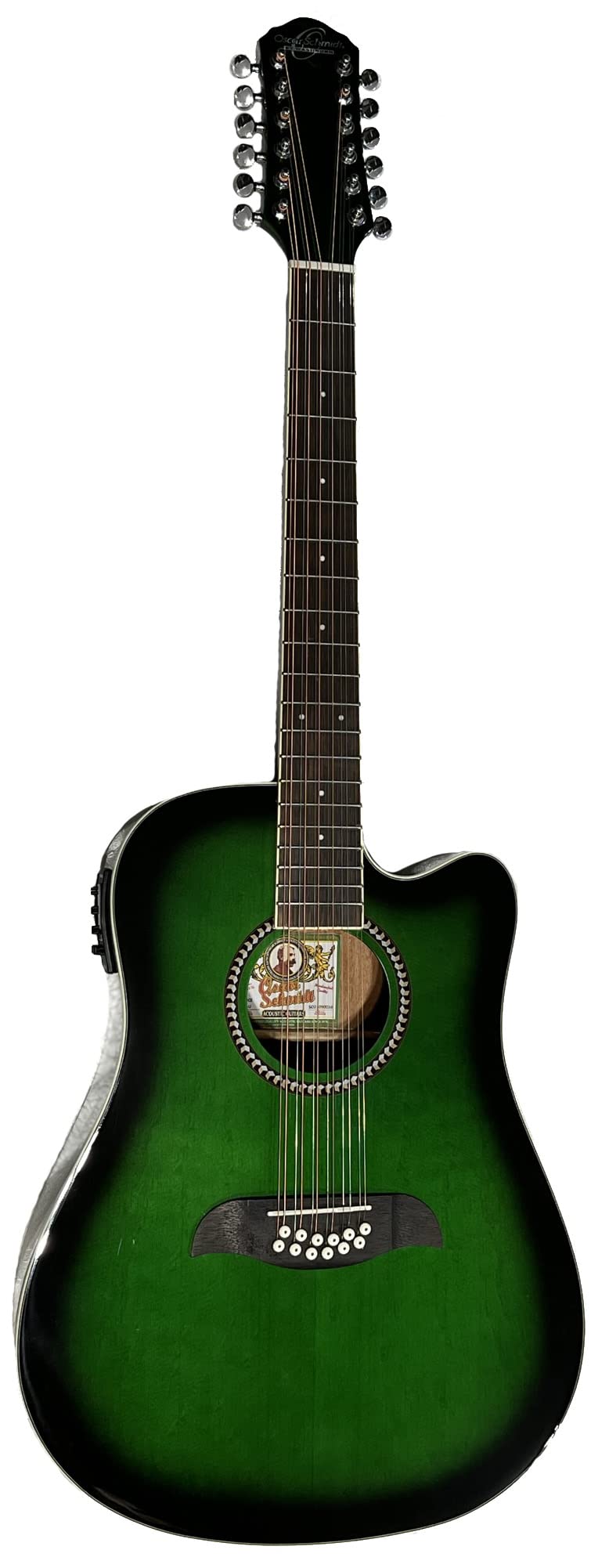 Oscar Schmidt 6 OD312 12-String Acoustic Electric Guitar. Trans, Transparent Green (OD312CETGR-A)