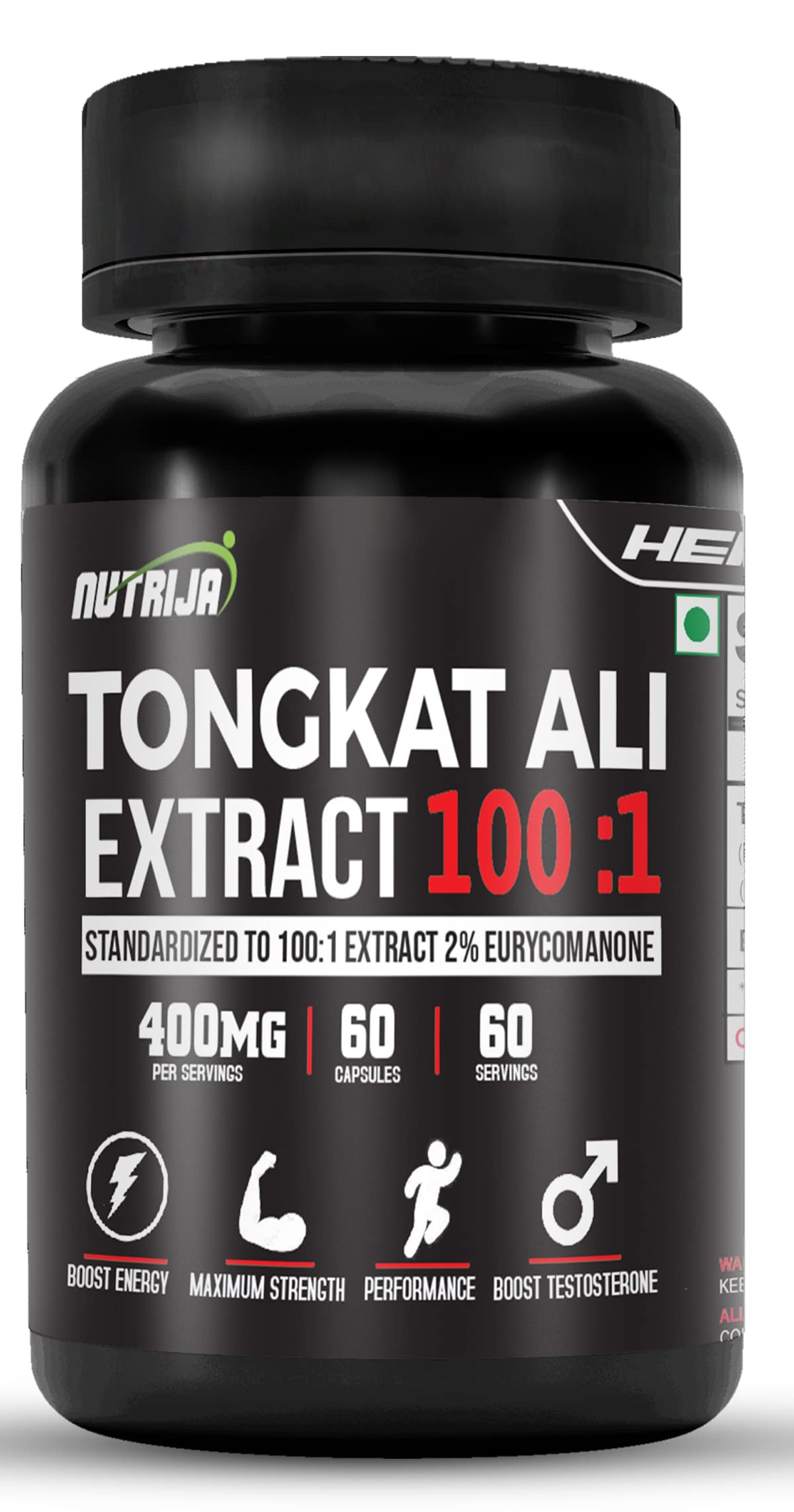 NutriJa Tongkat Ali Extract 400mg Capsules | Standardized to 100:1 with active 2% Eurycomanone (60 Capsules)