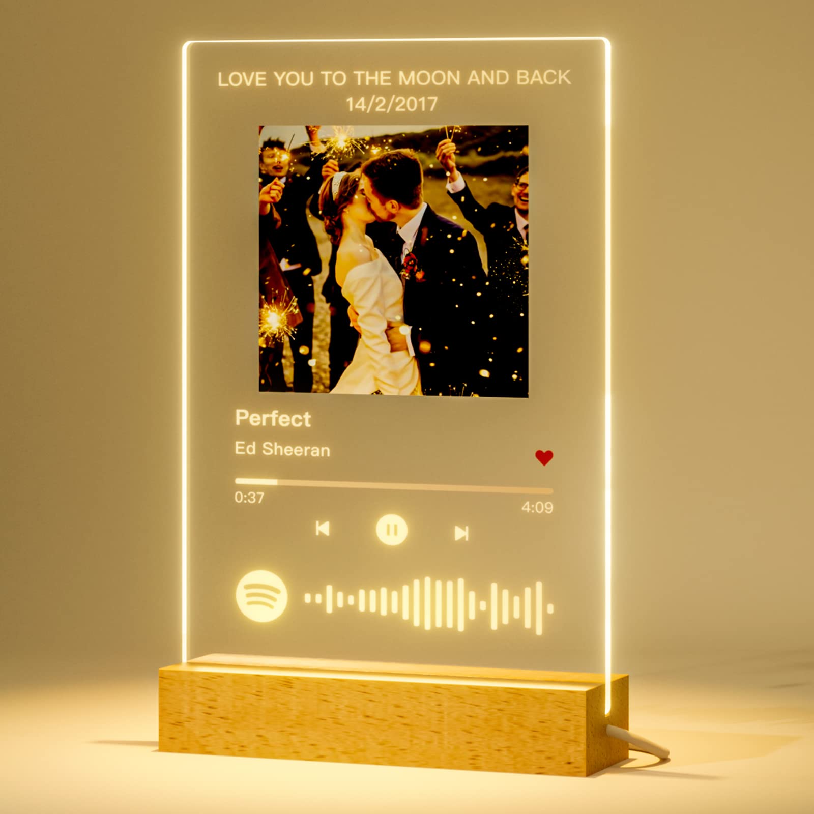 Personalised Spotify Glass Plaque Night Light Custom Song Album Cover Music Plaque Picture Frame for Boyfriend Girlfriend Christmas Valentines Day