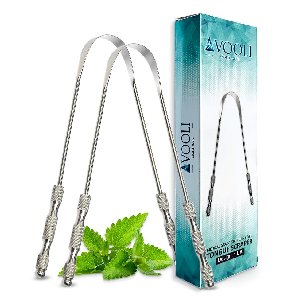 AVOOLI Tongue Scraper UK Pack of 2-100% Stainless Steel Tongue Scrapers for Adults Tongue Care Tool - Best Metal Tongue Cleaner and Toungescraper for Adults Oral Hygiene Kit