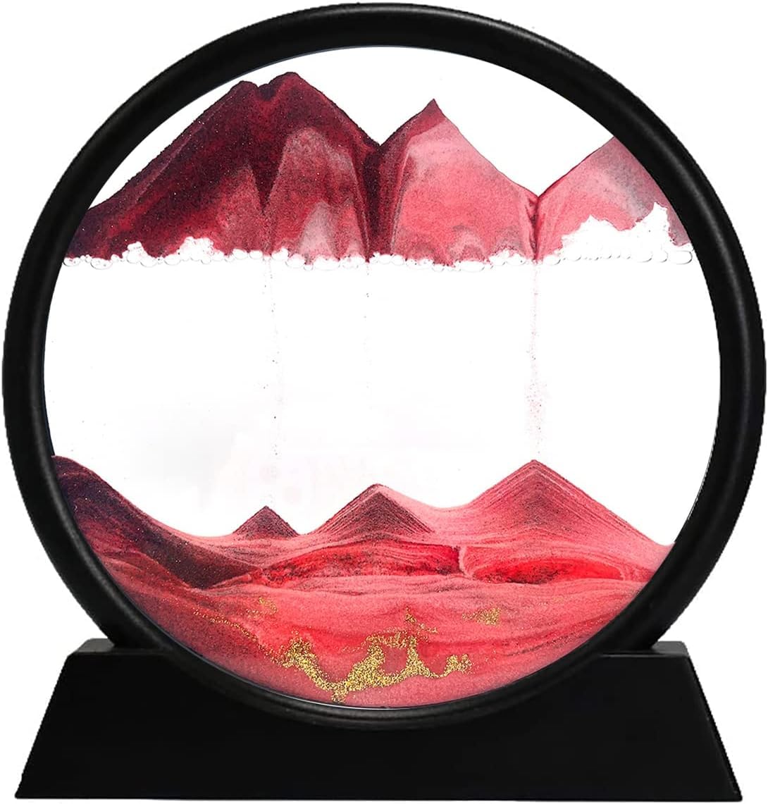 3D Dynamic Sand Art Liquid Motion, 7inch Moving Sand Art Picture Round Glass 3D Deep Sea Sandscape in Motion Display Flowing Sand Frame Relaxing Desktop Home Office Work Decor (Red)