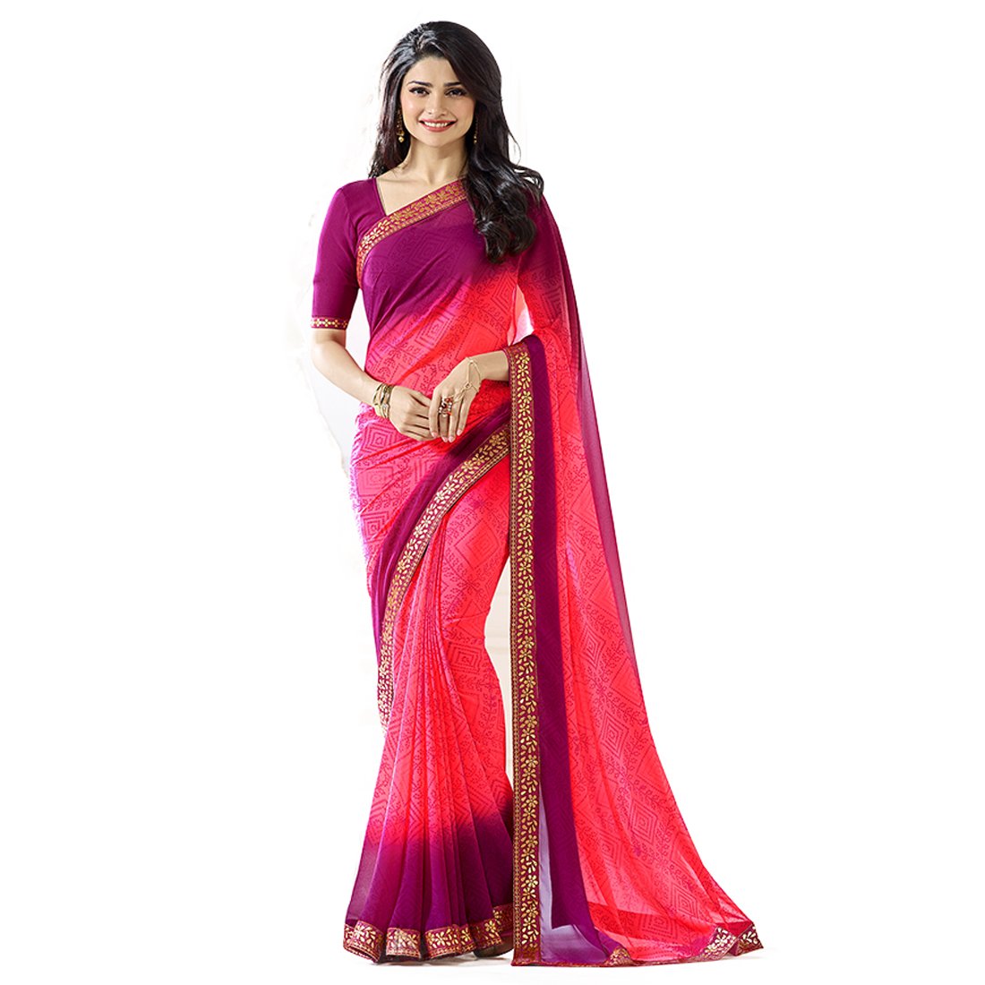 RAJESHWAR FASHION WITH RFWomen's Latest Floral Printed Georgette Sarees For Women With Jacquard Work Lace Border & Blouse(Pink_Red_Free Size 6.30 Mtr)