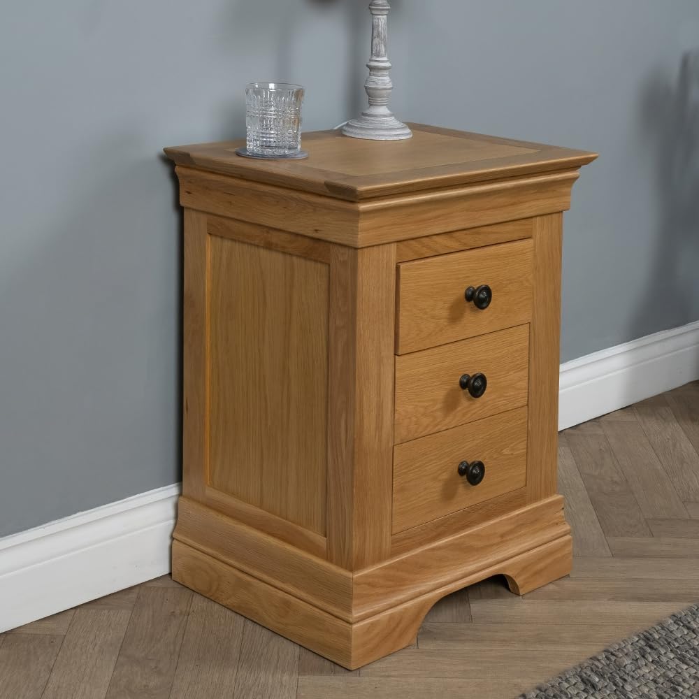 Elm home and garden3 Drawer Bedside Cabinet Night Stand Quality Oak Fully Assembled Tough And Grove Wooden Table