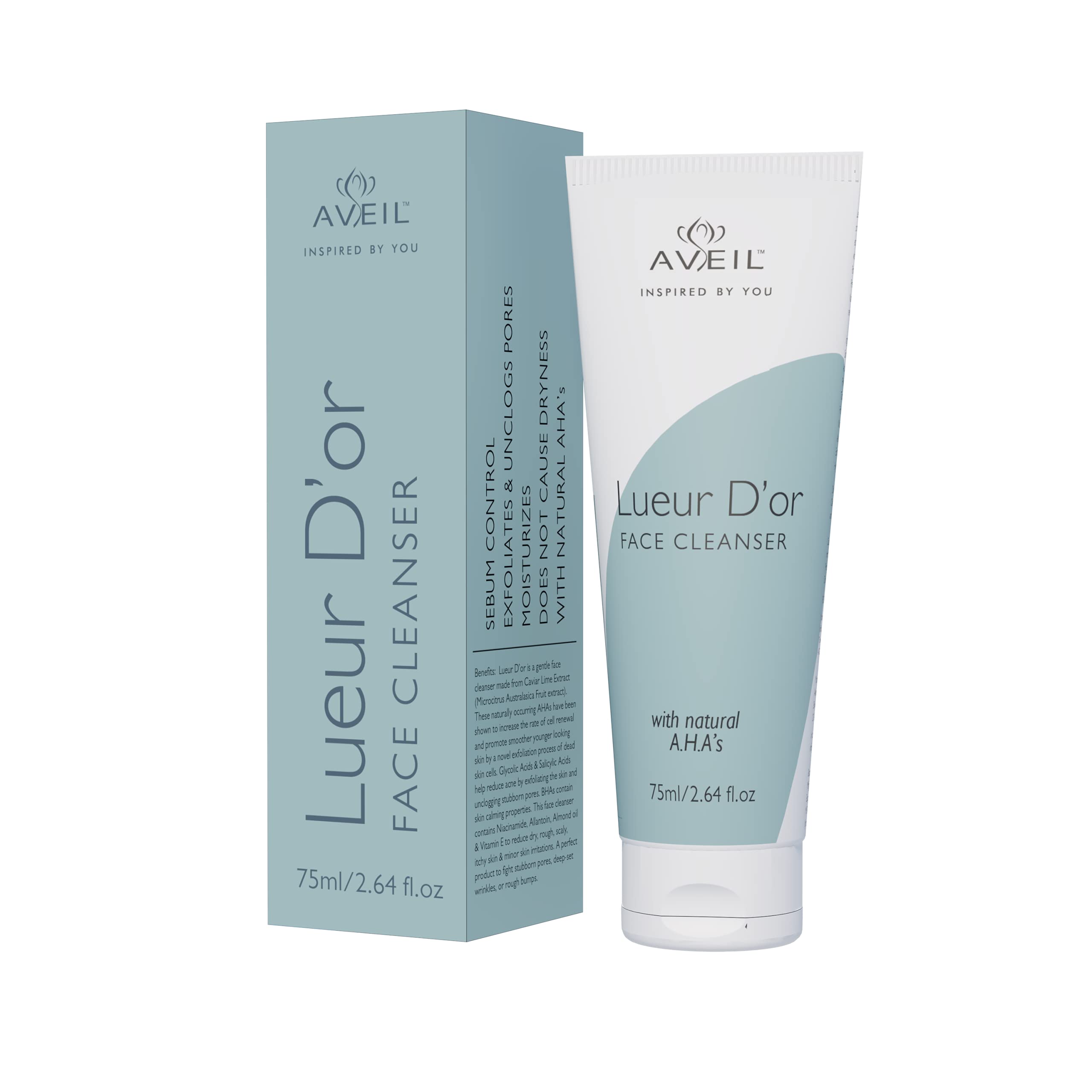 AVEIL Lueur D'or Face Cleanser | With Caviar Lime Extract | For Youthful & Smooth Skin | Dermatologically Tested | AHA BHA Face Wash | Skin Moisturizing | Gentle Face Wash for All Skin Types | 75ml