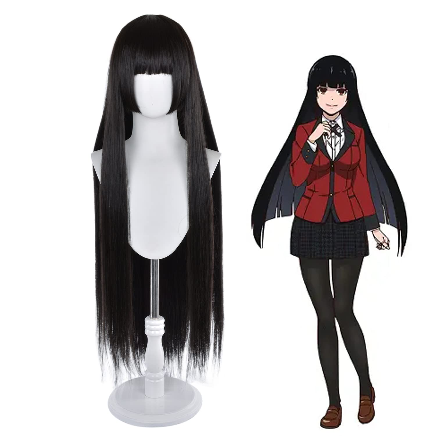 MoeLoli Jabami Yumeko Cosplay Wig for Kakegurui Compulsive, Black Long Straight Synthetic Costume Wig for Halloween