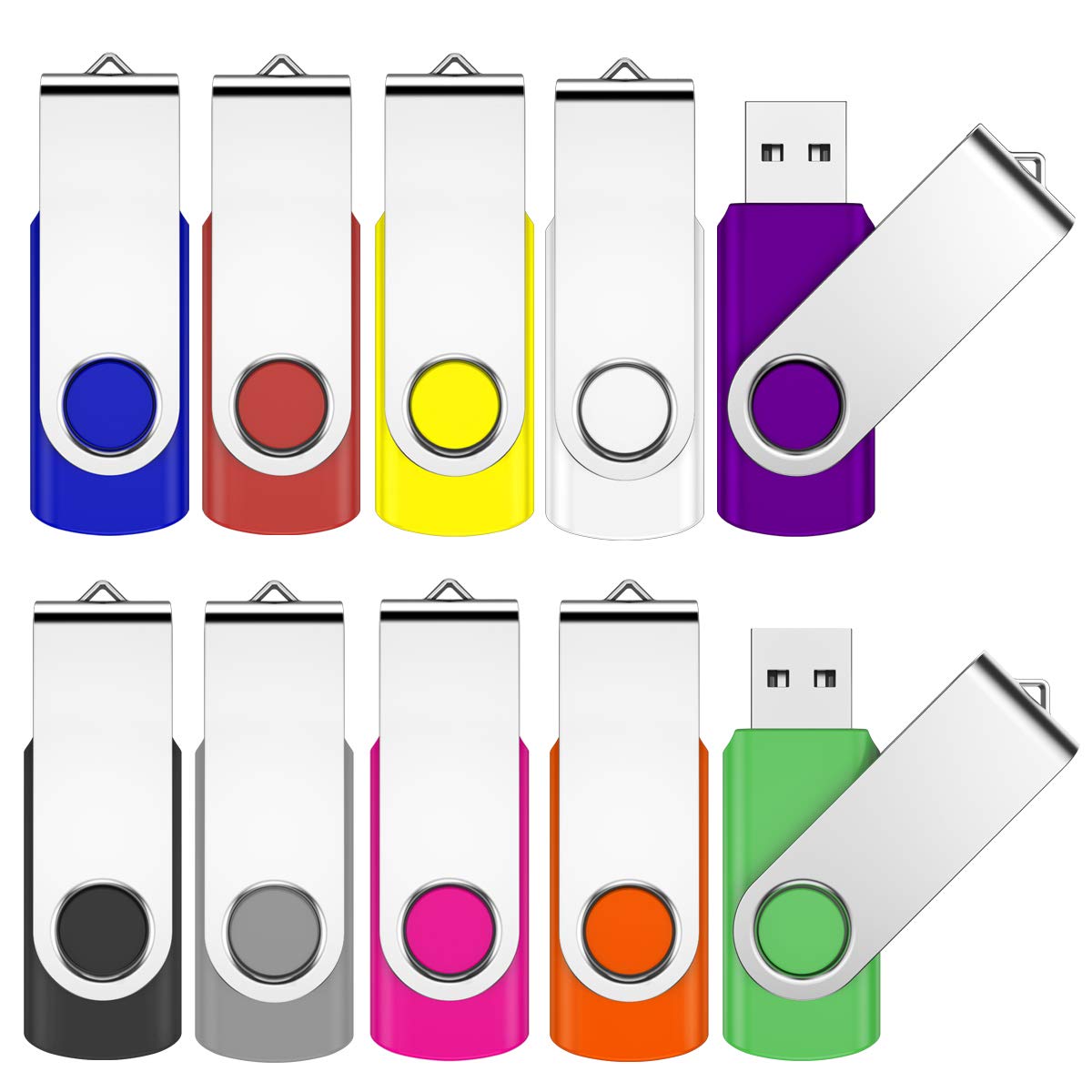 JEVDES 2GB USB Memory Stick 10 Pack USB Stick Flash Drive USB 2.0 Pen Drive Swivel Design Thumb Drive for Data Storage Zip Drive Jump Drive with LED Light (10 Colors)