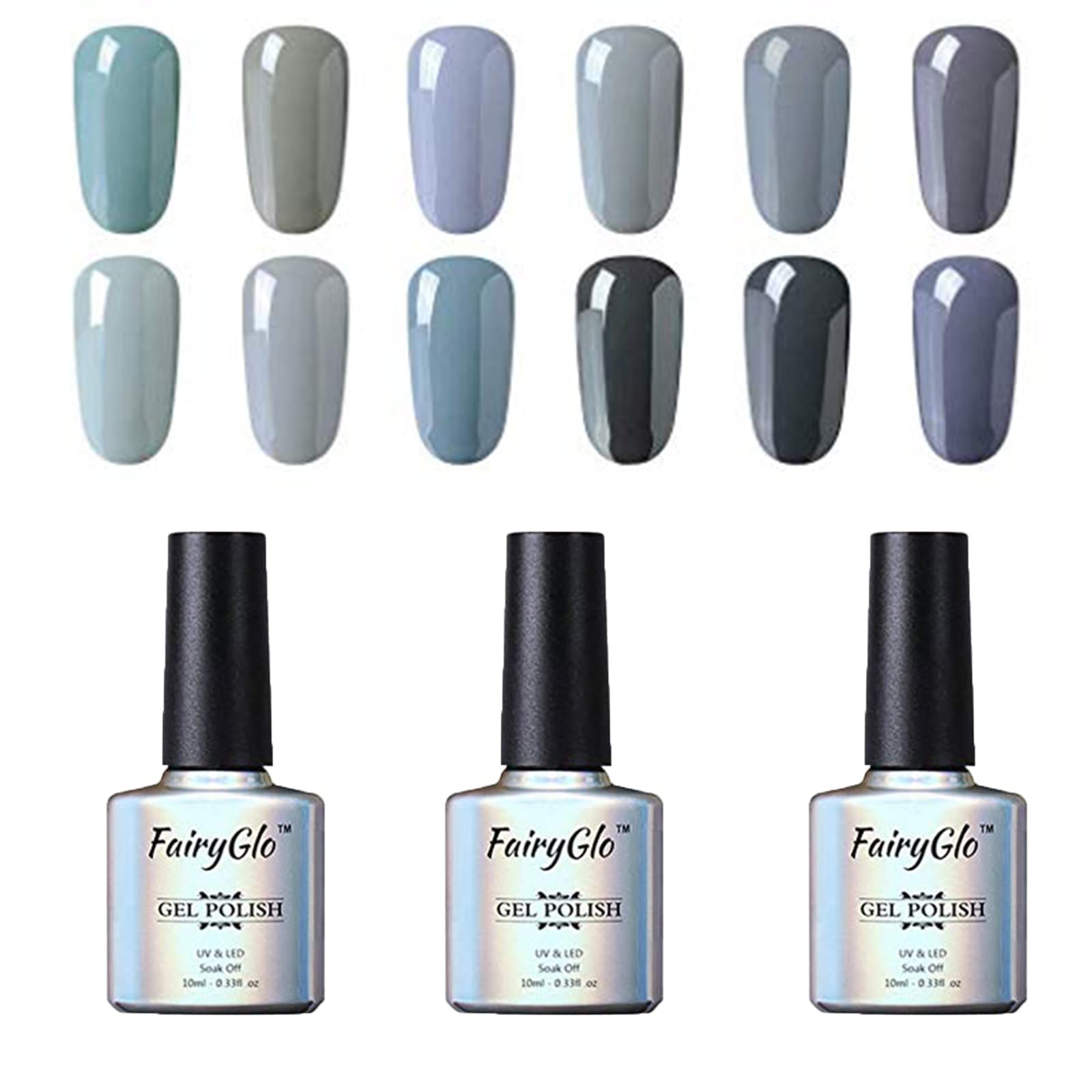 Fairyglo UV Nail Polish Gel Shellac Set for Nail Design Nail Polish Manicure Set Soak Off UV LED Gel Polish Gel Colour 12 Pieces Grey 004 (12 x 10 ml)