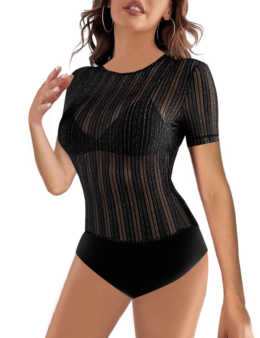 LradyBody Suits Women Clothing Crew Neck Mesh Sheer Bodysuit Tops Black XXL