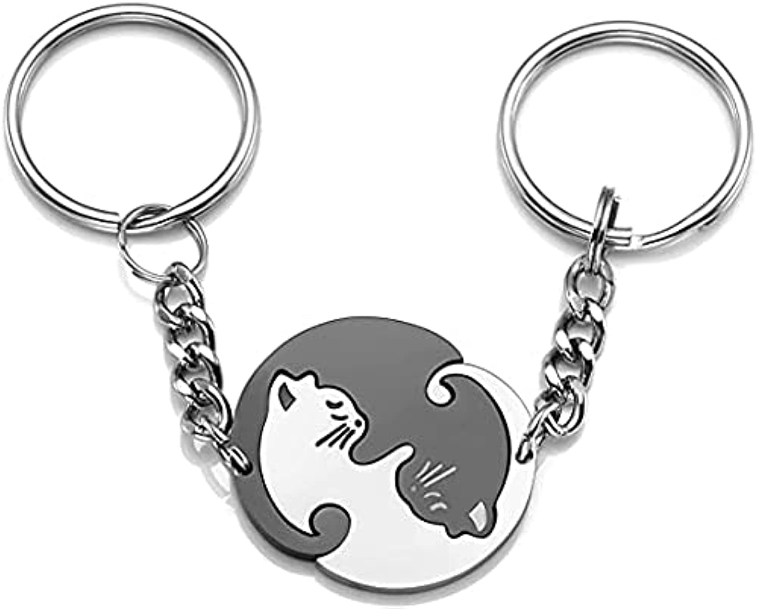 ELECDON2pcs Black and White Matching Puzzle Cat Couples Keychain, Black/Silver, As shown