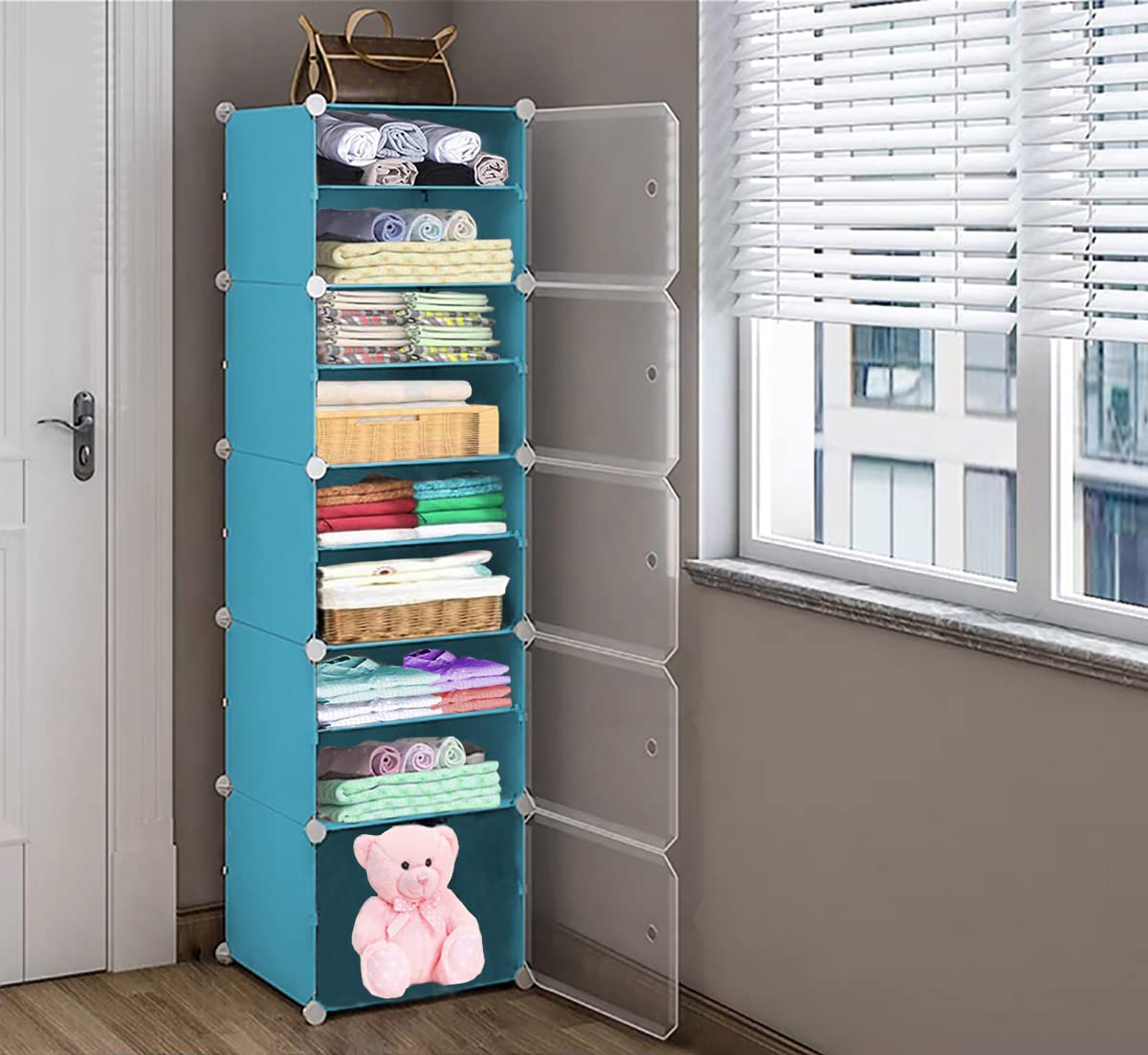 Oumffy Multi-Purpose Plastic Soft Sheet Wardrobe Storage Rack Closest Organizer for Clothes Kids Living Room Bedroom Small Accessories Wardrobe Organizer for Clothes (10ShelfBlue)