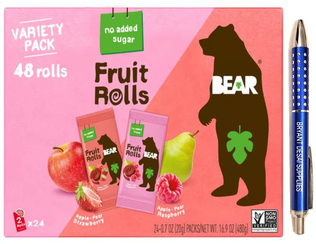 Bear Real Fruit Snack Rolls, Strawberry & Raspberry Variety Pack, 48 Roll (24pk, 2 rolls per Pack), Packaged with Bryant Desai Supplies Pen